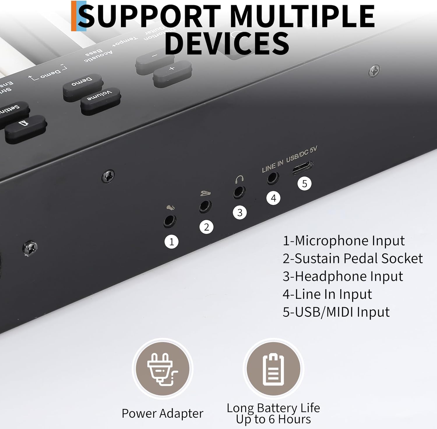 SUPPORT MULTIPLE DEVICES

Acoustic Bass Demo
Demo
Volume Setting

1-Microphone Input
2-Sustain Pedal Socket
3-Headphone Input
4-Line In Input
5-USB/MIDI Input

Power Adapter
Long Battery Life Up to 6 Hours