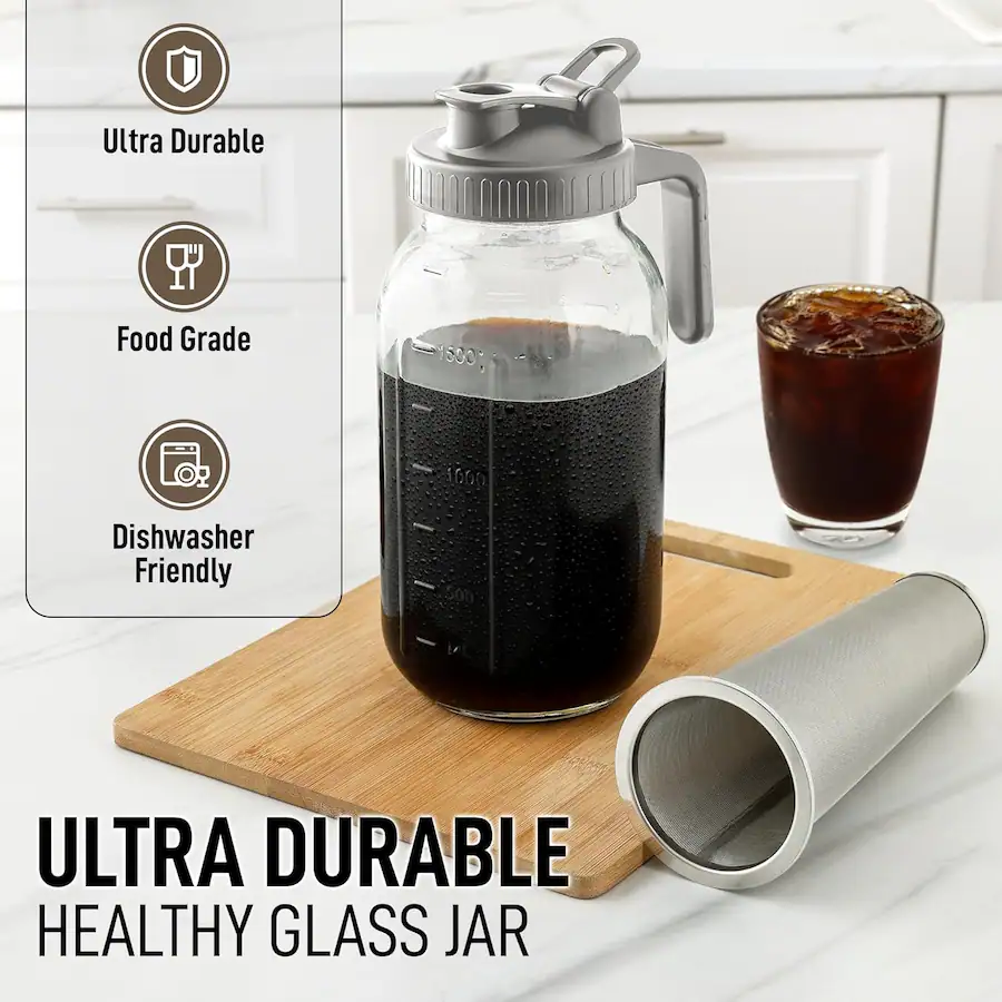Zulay Kitchen Premium Cold Brew Coffee Maker 64oz Mason Jar With Leak ...