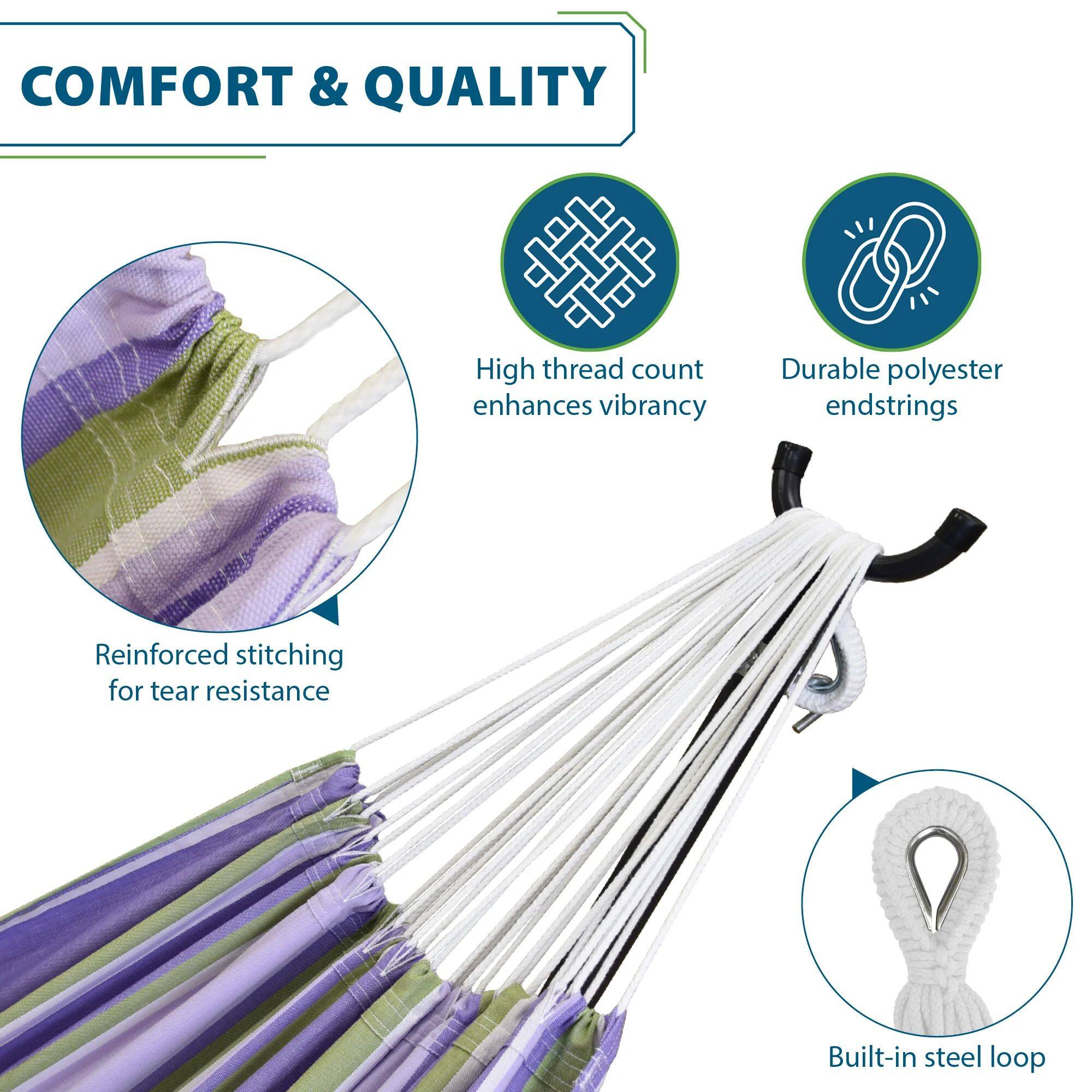 COMFORT & QUALITY

- High thread count enhances vibrancy
- Durable polyester endstrings
- Reinforced stitching for tear resistance
- Built-in steel loop