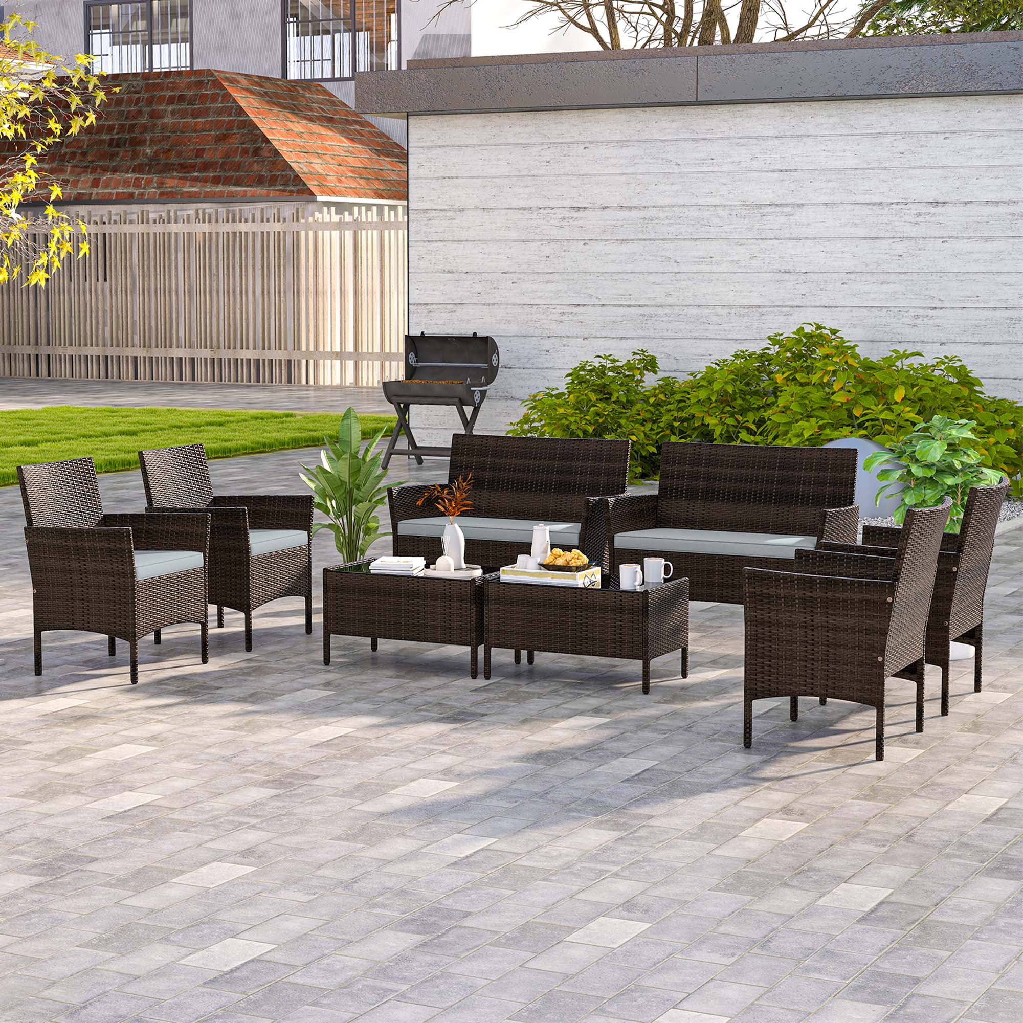 Alt View 1. Costway - 8 PCS Patio Furniture Set with Washable Cushions and Tempered Glass Coffee Table - Mix Brown + Grey.