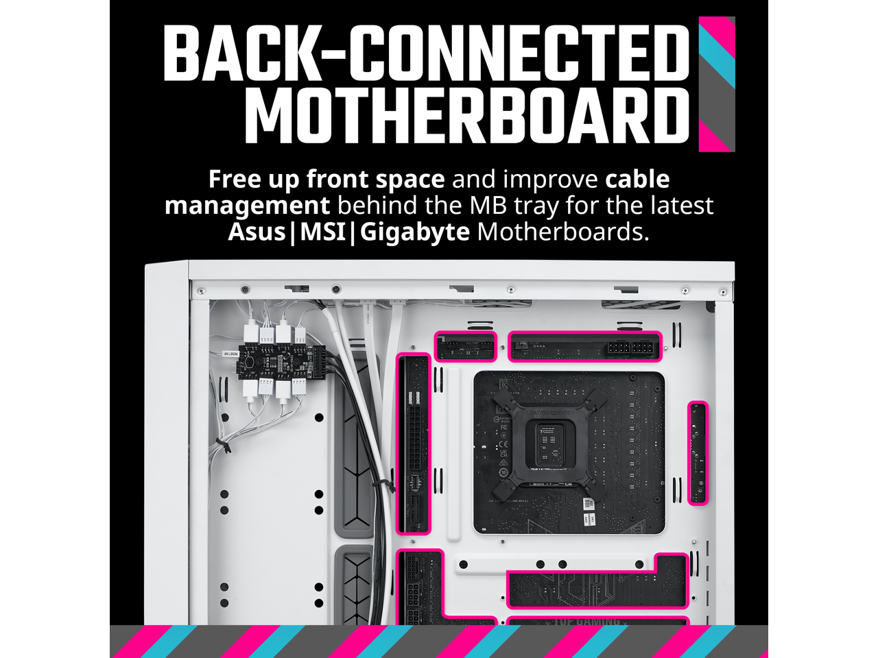 BACK-CONNECTED MOTHERBOARD

Free up front space and improve cable management behind the MB tray for the latest Asus | MSI | Gigabyte Motherboards.