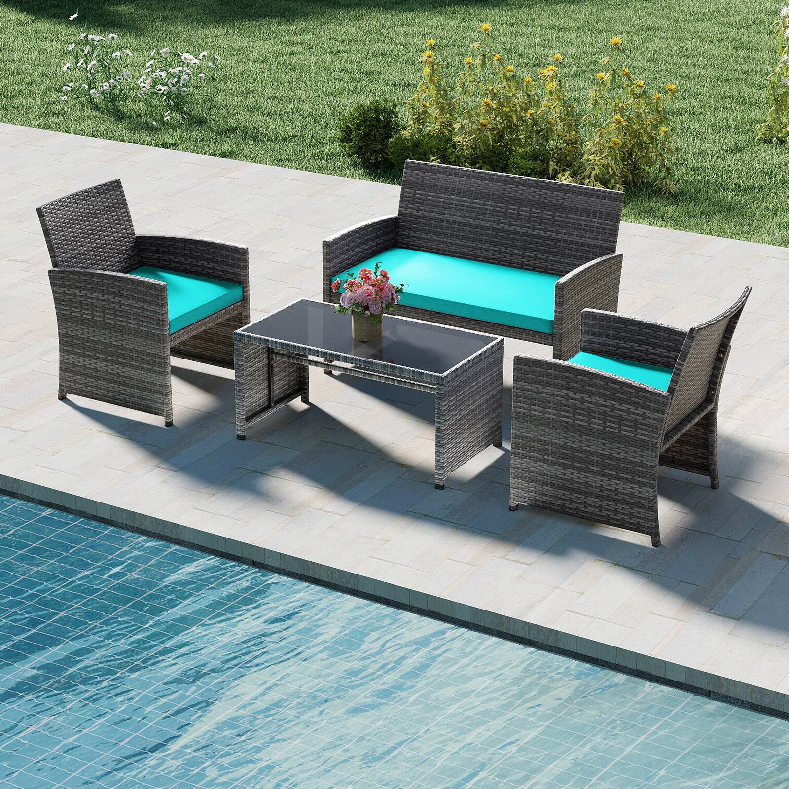 Alt View 4. Gymax - Gymax 4PCS Patio Outdoor Conversation Set w/Seat Cushions & Tempered Glass Tabletop Tuurquoise - Turquoise.