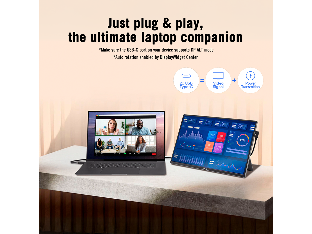 Just plug & play, the ultimate laptop companion  
*Make sure the USB-C port on your device supports DP ALT mode  
*Auto rotation enabled by DisplayWidget Center  

2x USB Type-C  
=  
Video Signal  
+ Power Transmission  

1.650  
650  
650  
1.650  
4900