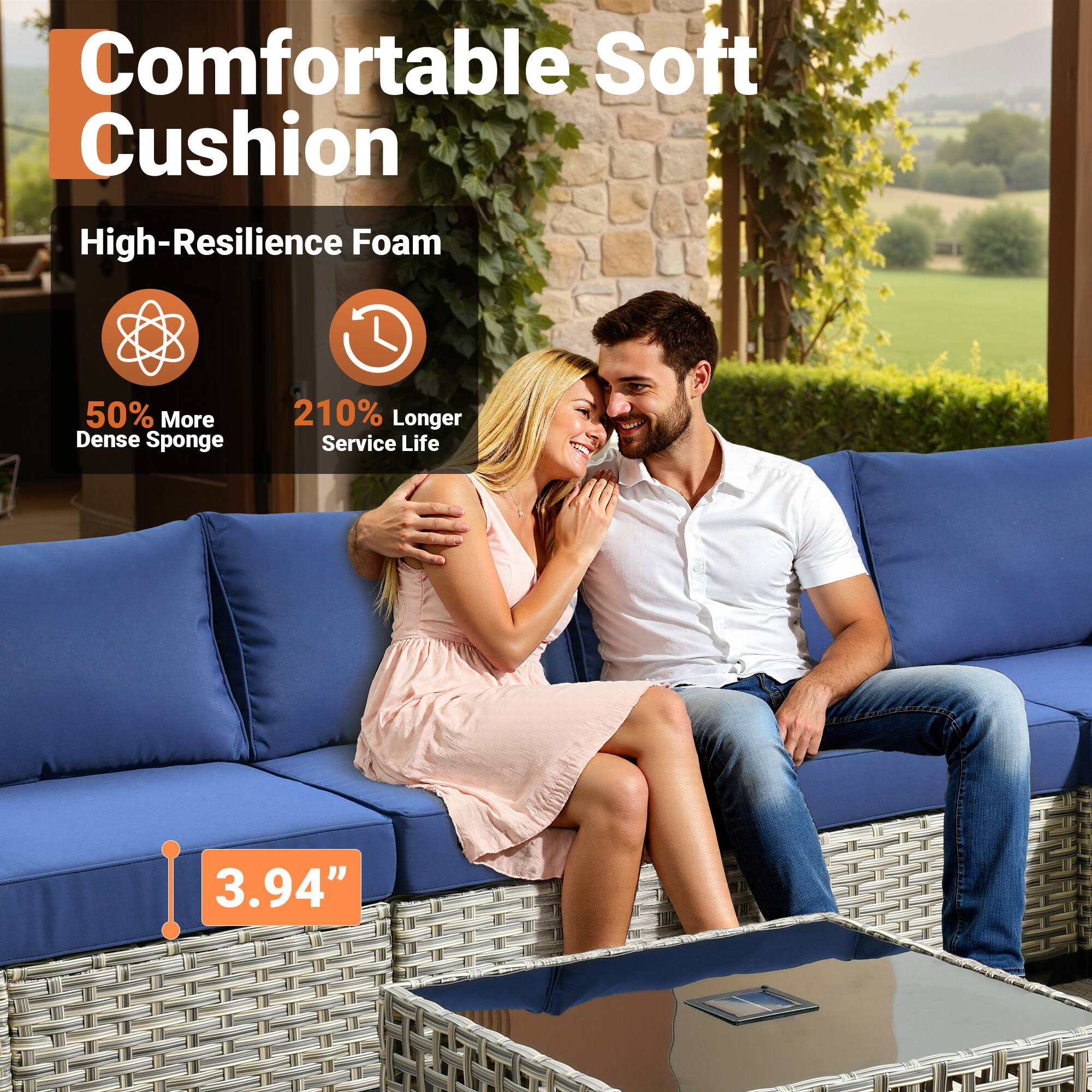 Alt View 2. Ovios - 8 PCS Patio Furniture, Wicker Sofa with Coffee Table, High Back Armchair with Ottoman for Garden - Navy Blue.