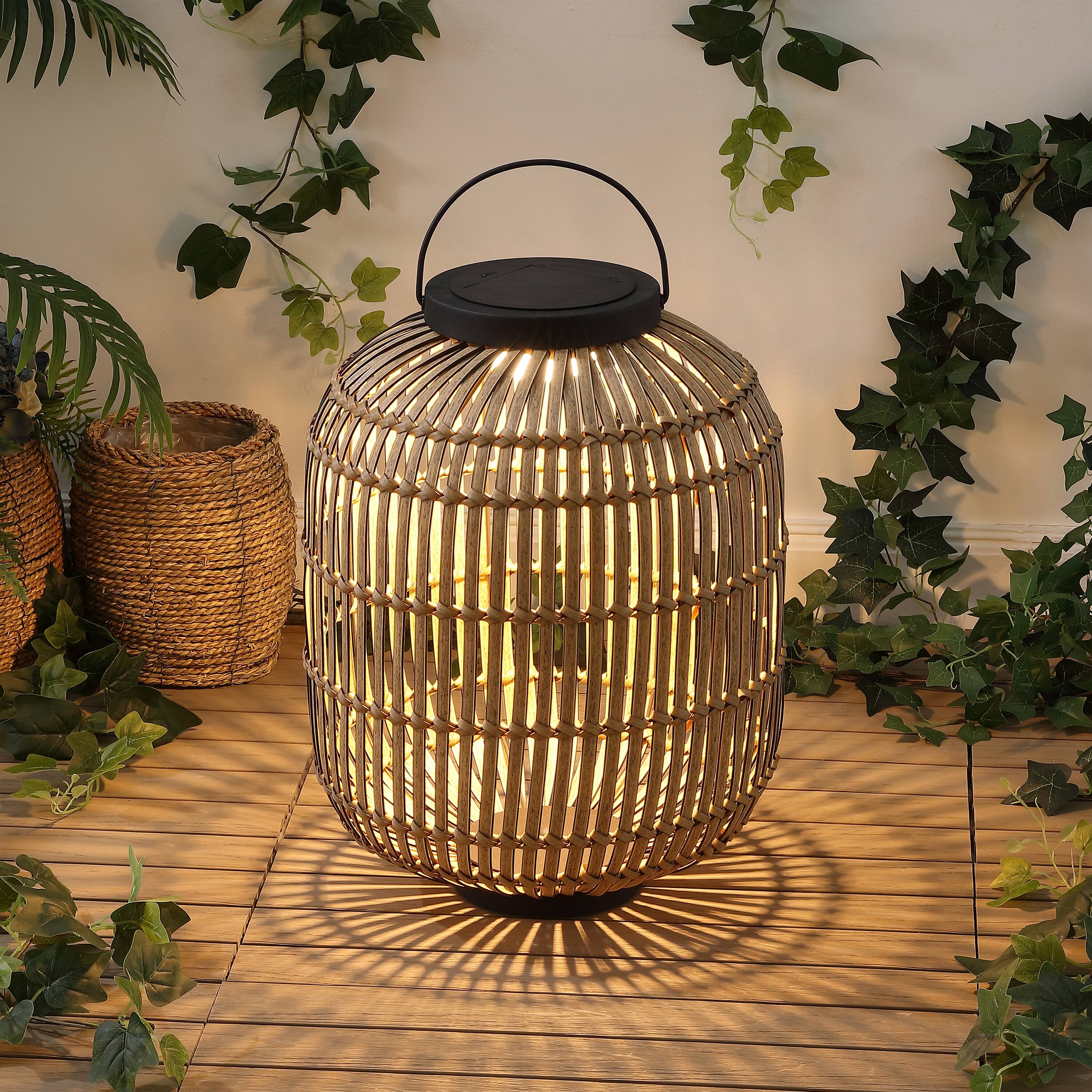 Alt View 1. Jonathan Y - Nara 20.5" Modern Global Faux Rattan Integrated Indoor/Outdoor LED Solar Powered Lantern, Light Brown/Black - Light Brown/Black.