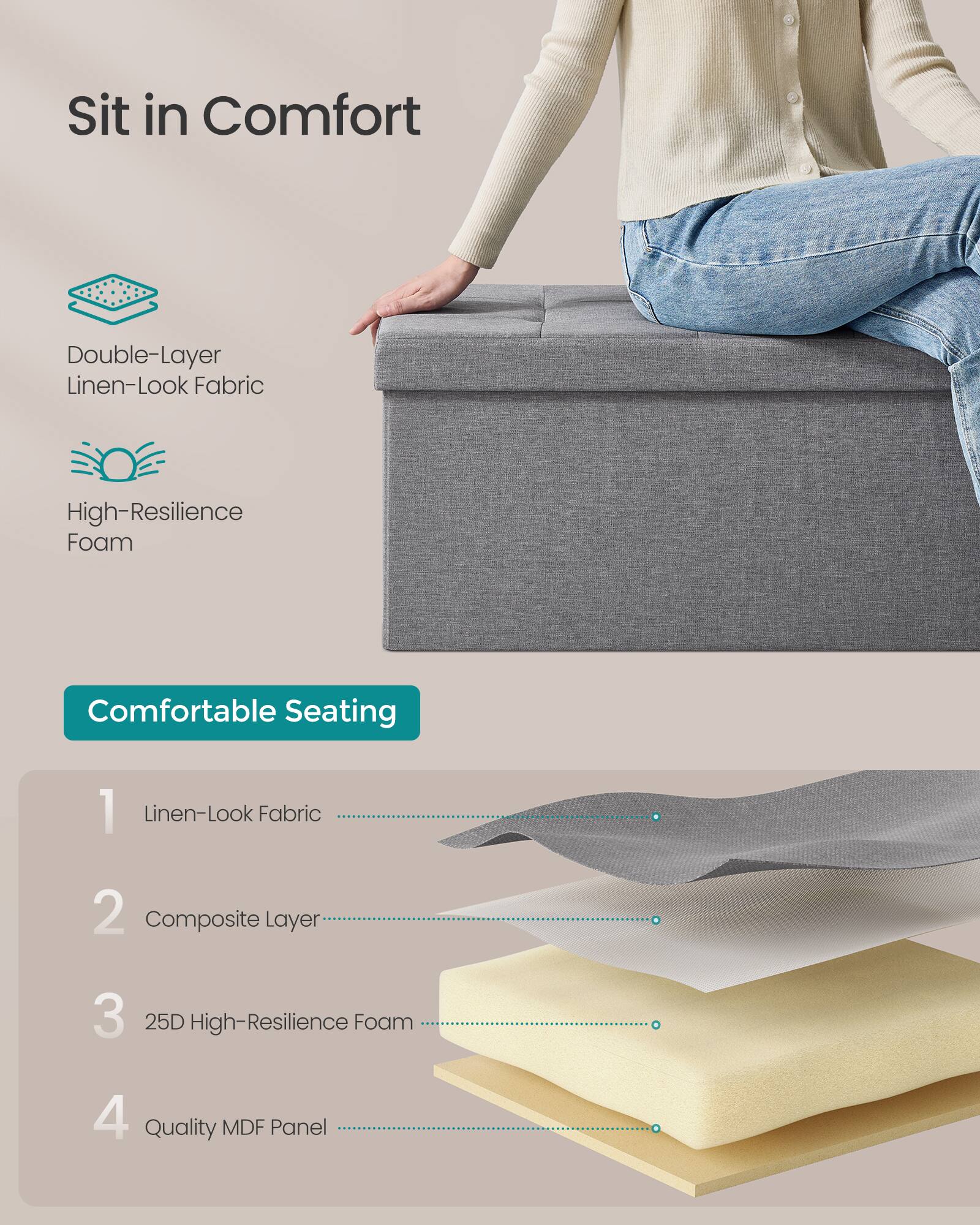 Sit in Comfort

Double-Layer Linen-Look Fabric
High-Resilience Foam

Comfortable Seating

1. Linen-Look Fabric
2. Composite Layer
3. 25D High-Resilience Foam
4. Quality MDF Panel