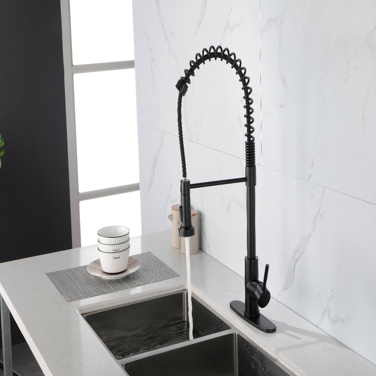 Alt View 4. Ropilly - Ropilly Spring Kitchen Faucet with Pull Out Sprayer, Matte Black Stainless Steel Single Handle Single Hole Faucet - Matte Black.
