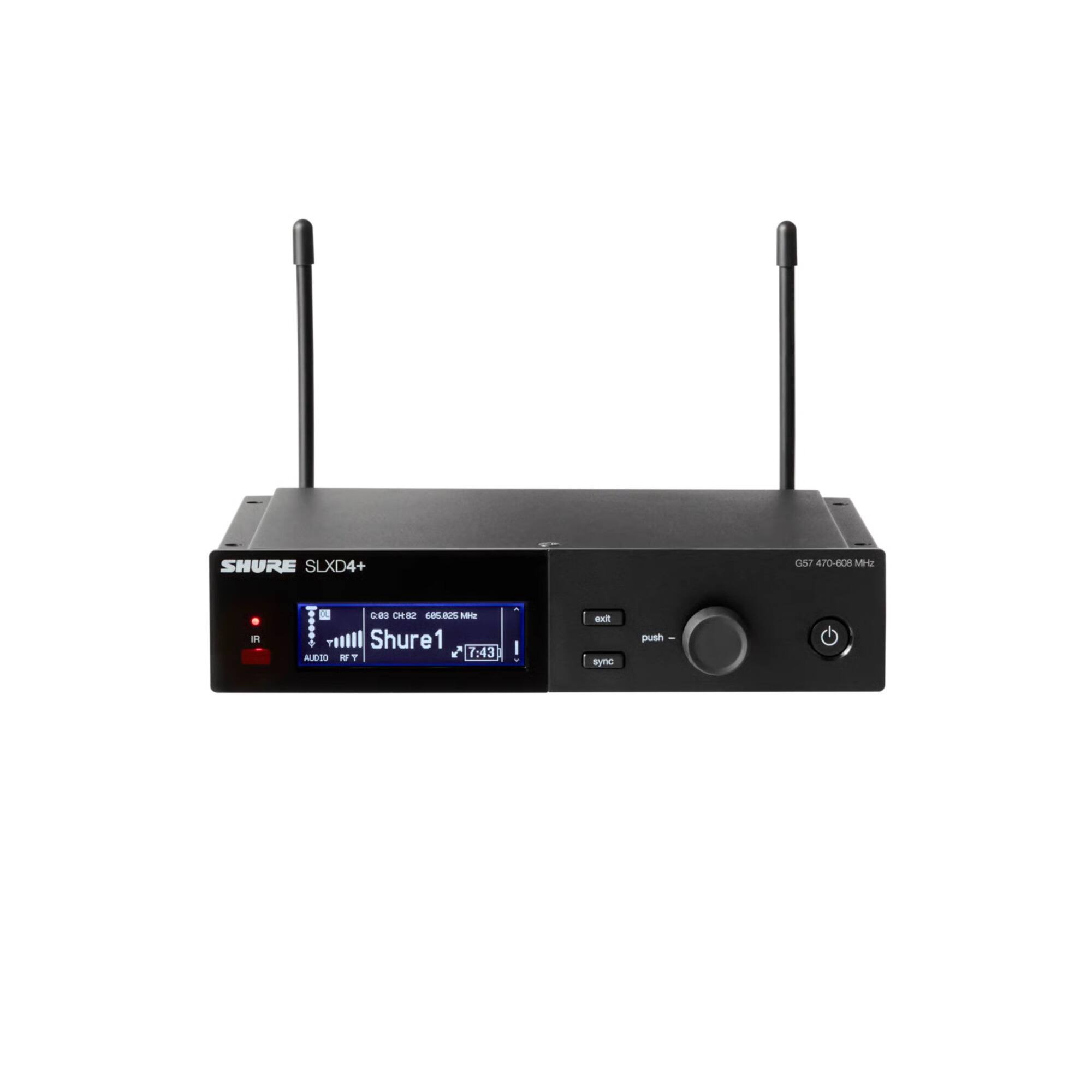 SHURE SLXD4+  
G5 470-608 MHz  
CH 2  
Shure1  
7:43  
AUDIO RF V  
exit push sync