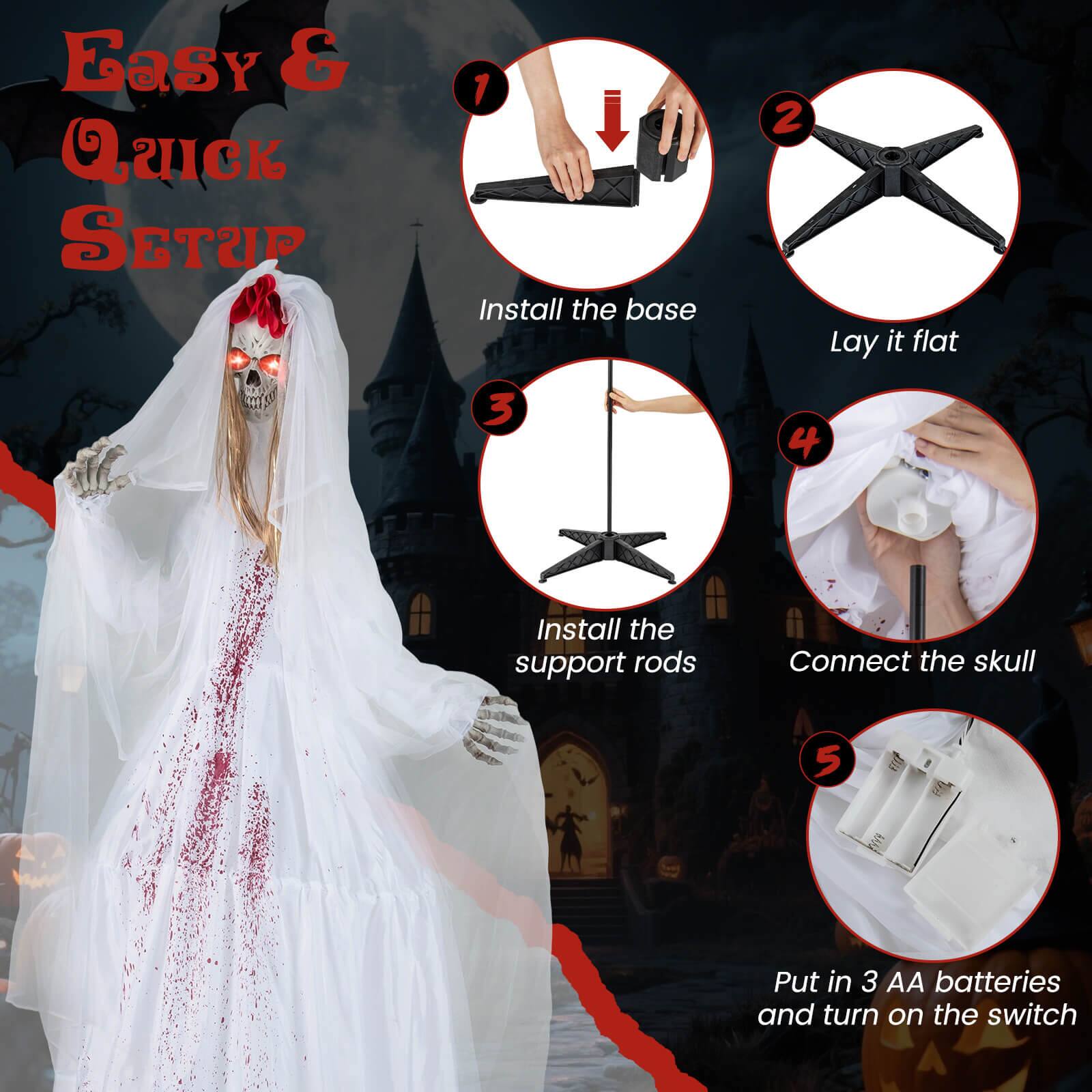 Easy & Quick Setup

1. Install the base
2. Lay it flat
3. Install the support rods
4. Connect the skull
5. Put in 3 AA batteries and turn on the switch