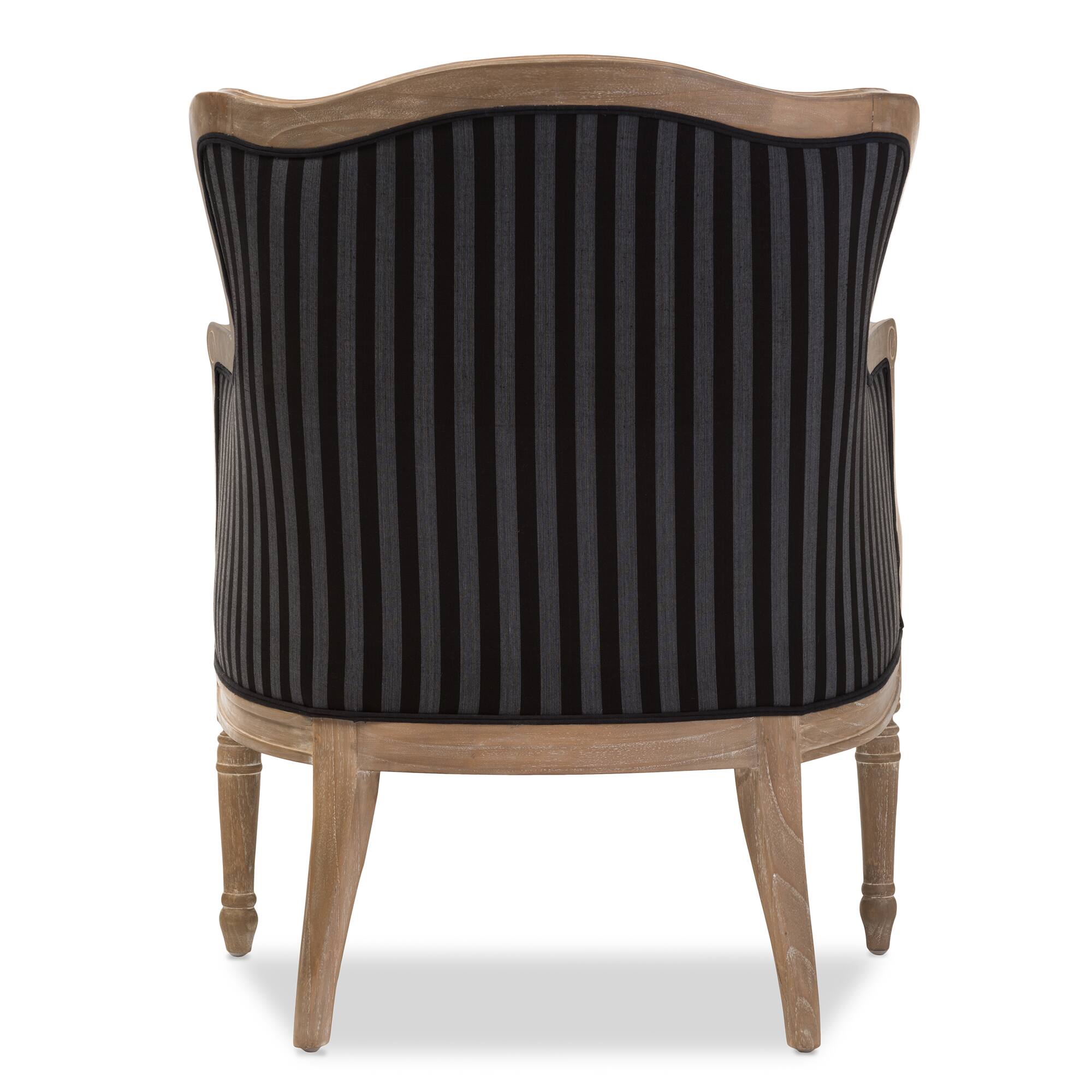 Back. Baxton Studio - Charlemagne Traditional French and Striped Accent Chair - Black/Grey Stripes.