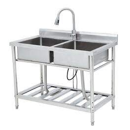 GARVEE - Stainless Steel Kitchen Sink, Drop-in Utility Sink Free Standing Double Bowl with Cold and Hot Water Faucet - Silver