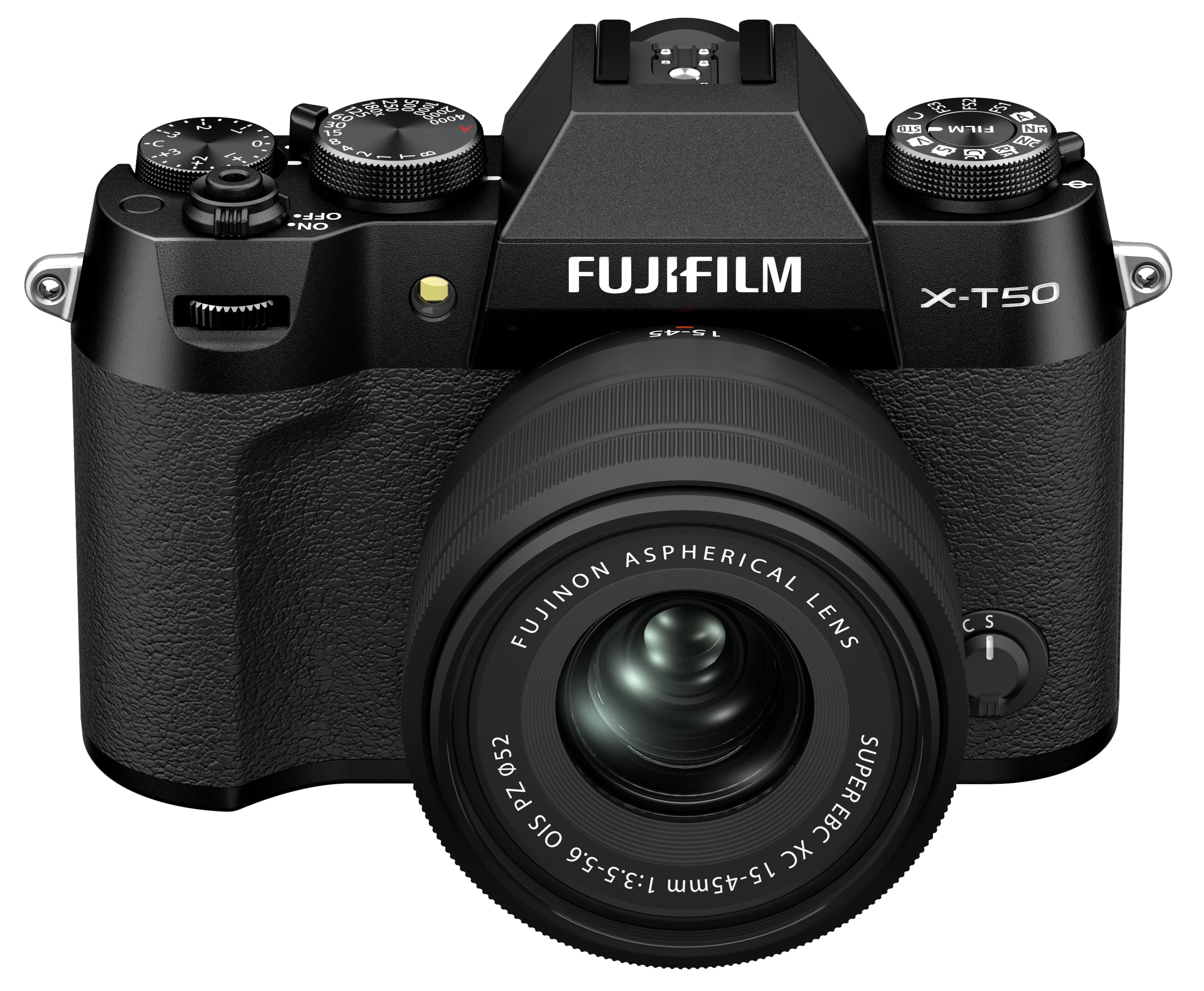 The image features a black Fujifilm X-T50 camera with a large lens. The camera has a black and silver color scheme, and the lens is described as an aspherical Fujinon lens. The camera is positioned in a way that the lens is prominently displayed, showcasing its features and quality.