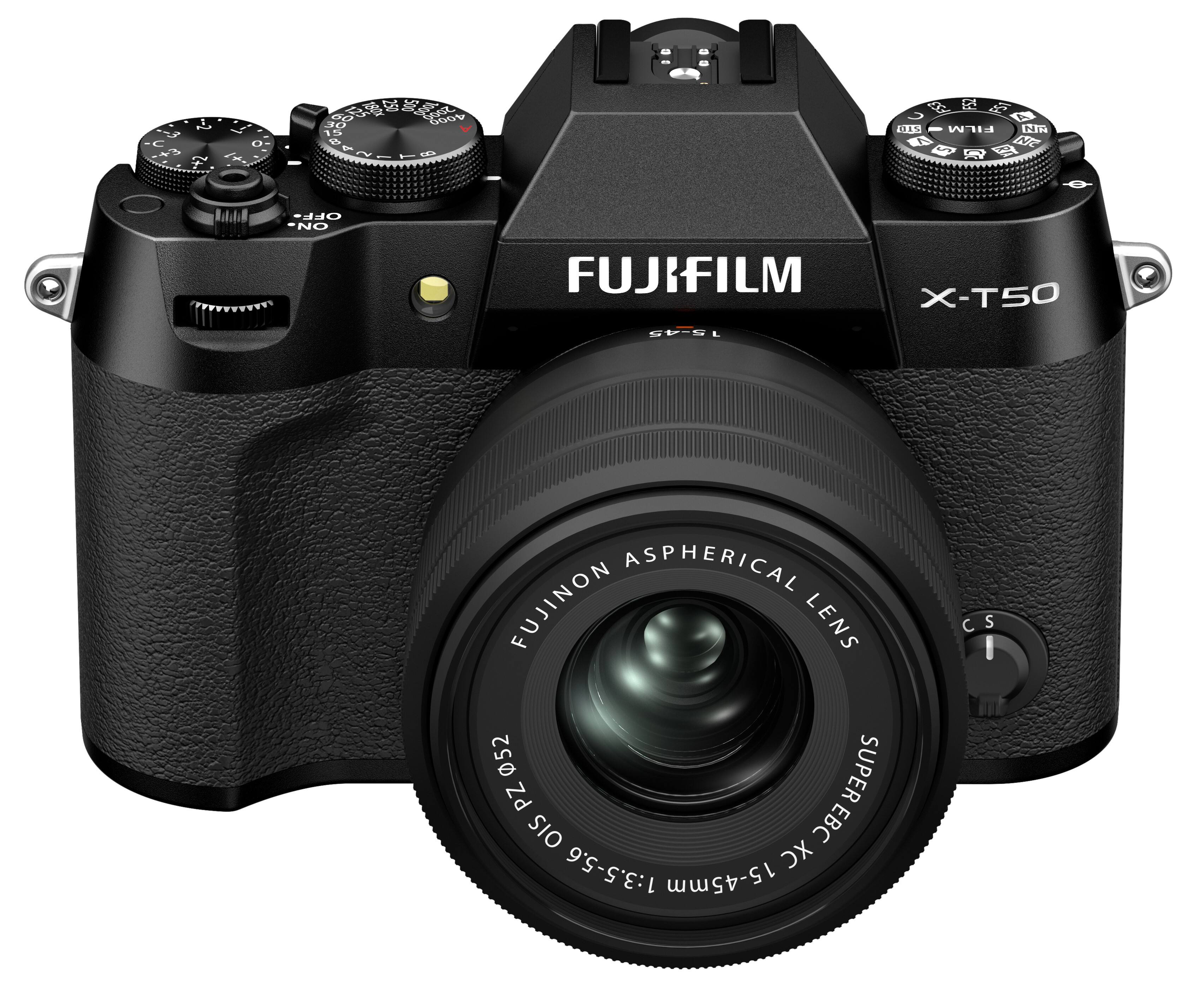 The image features a black Fujifilm X-T50 camera with a large lens. The camera has a black and silver color scheme, and the lens is described as an aspherical Fujinon lens. The camera is positioned in a way that the lens is prominently displayed, showcasing its features and quality.