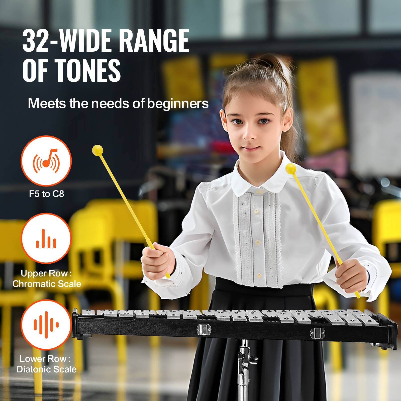 32-WIDE RANGE OF TONES  
Meets the needs of beginners  
F5 to C8  
Upper Row: Chromatic Scale  
Lower Row: Diatonic Scale