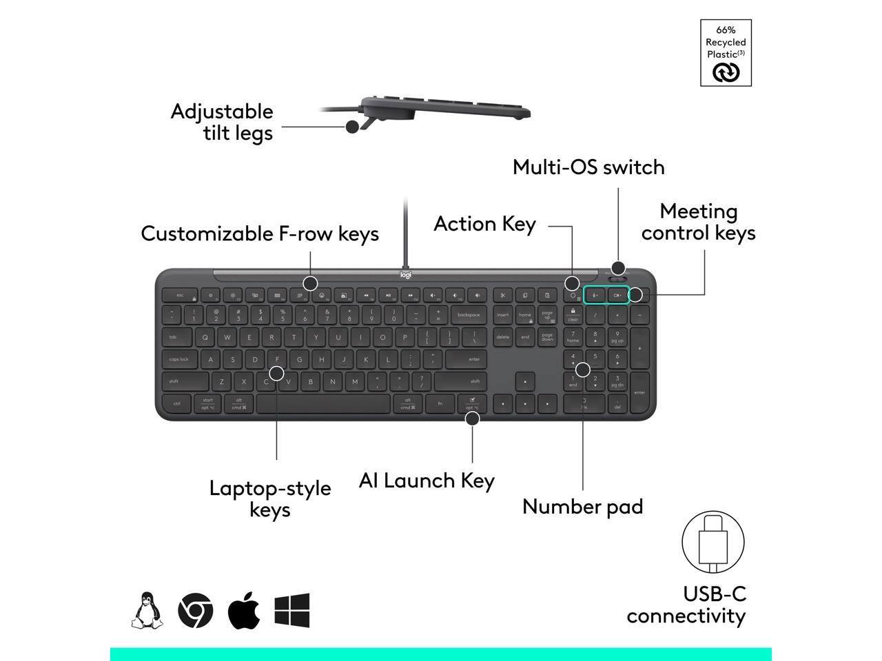 66% Recycled Plastic  
Adjustable tilt legs  
Multi-OS switch  
Customizable F-row keys  
Action Key  
Meeting control keys  
Laptop-style keys  
AI Launch Key  
Number pad  
USB-C connectivity