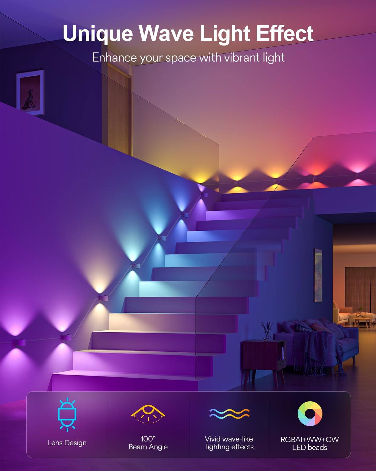 Unique Wave Light Effect  
Enhance your space with vibrant light  

Lens Design  
100° Beam Angle  
Vivid wave-like lighting effects  
RGBAI+WW+CW LED beads