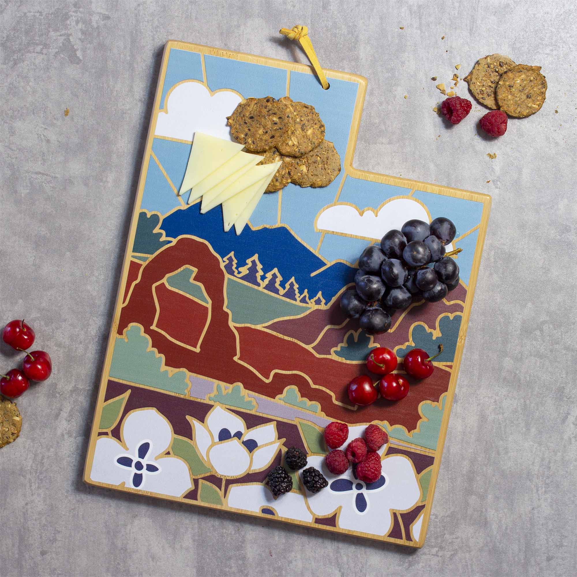 Angle. Totally Bamboo - Utah Cutting Board with Artwork by Summer Stokes.