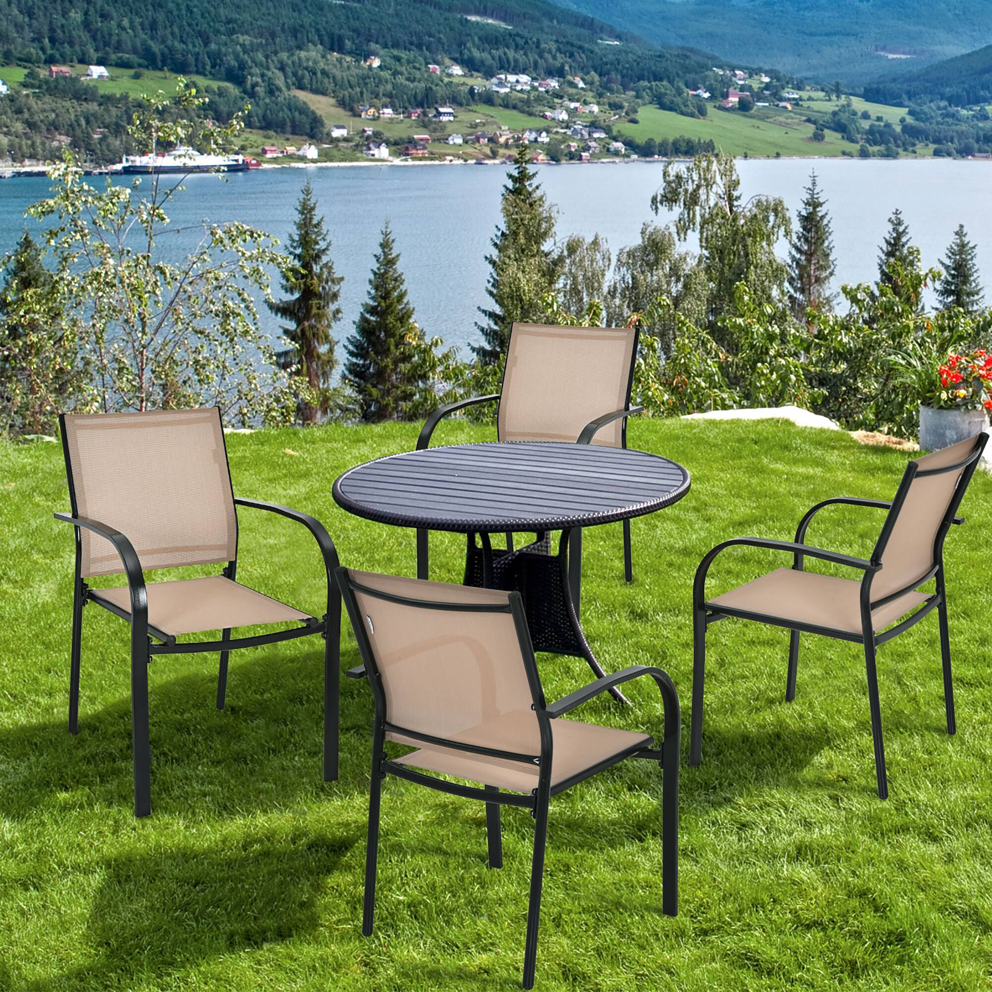 Alt View 2. Costway - Costway Set of 2 Patio Dining Chairs Stackable with Armrests Garden Deck - Brown,Black.