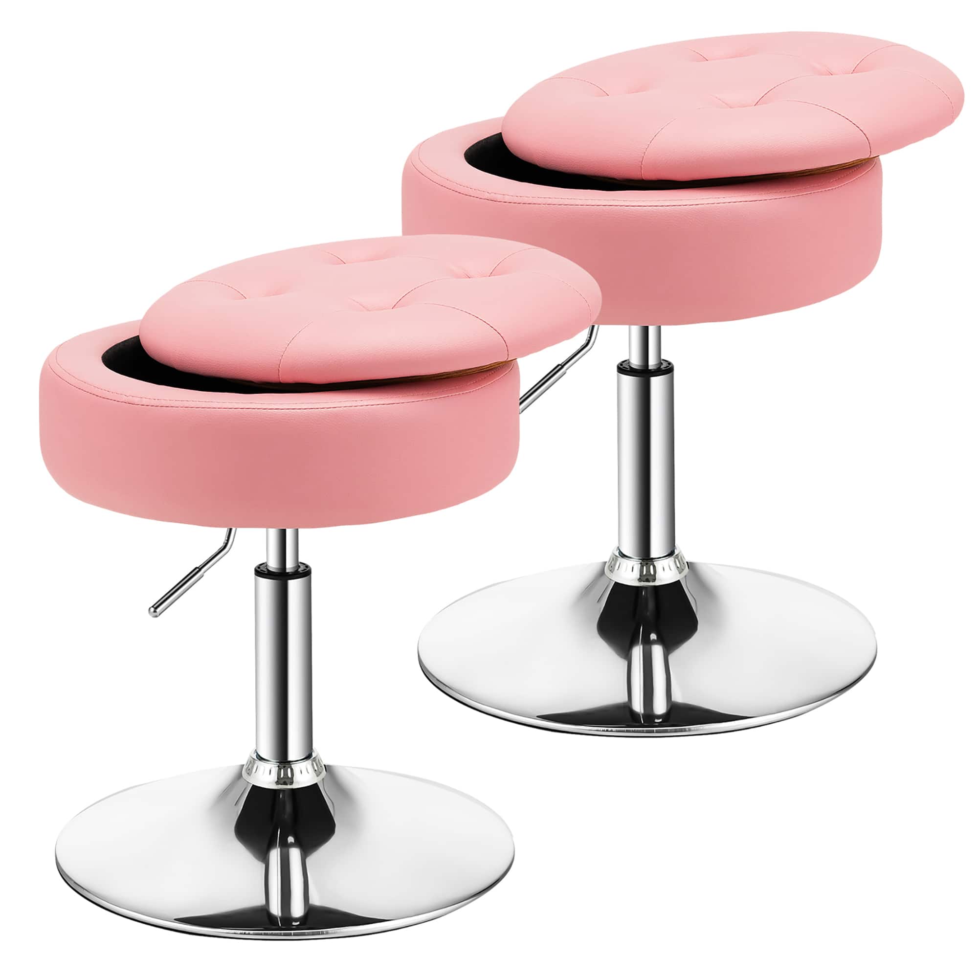 Front. Costway - Set of 2 Adjustable Metal Vanity Stool 360° Swivel Storage Makeup Chair with Tray - Pink.