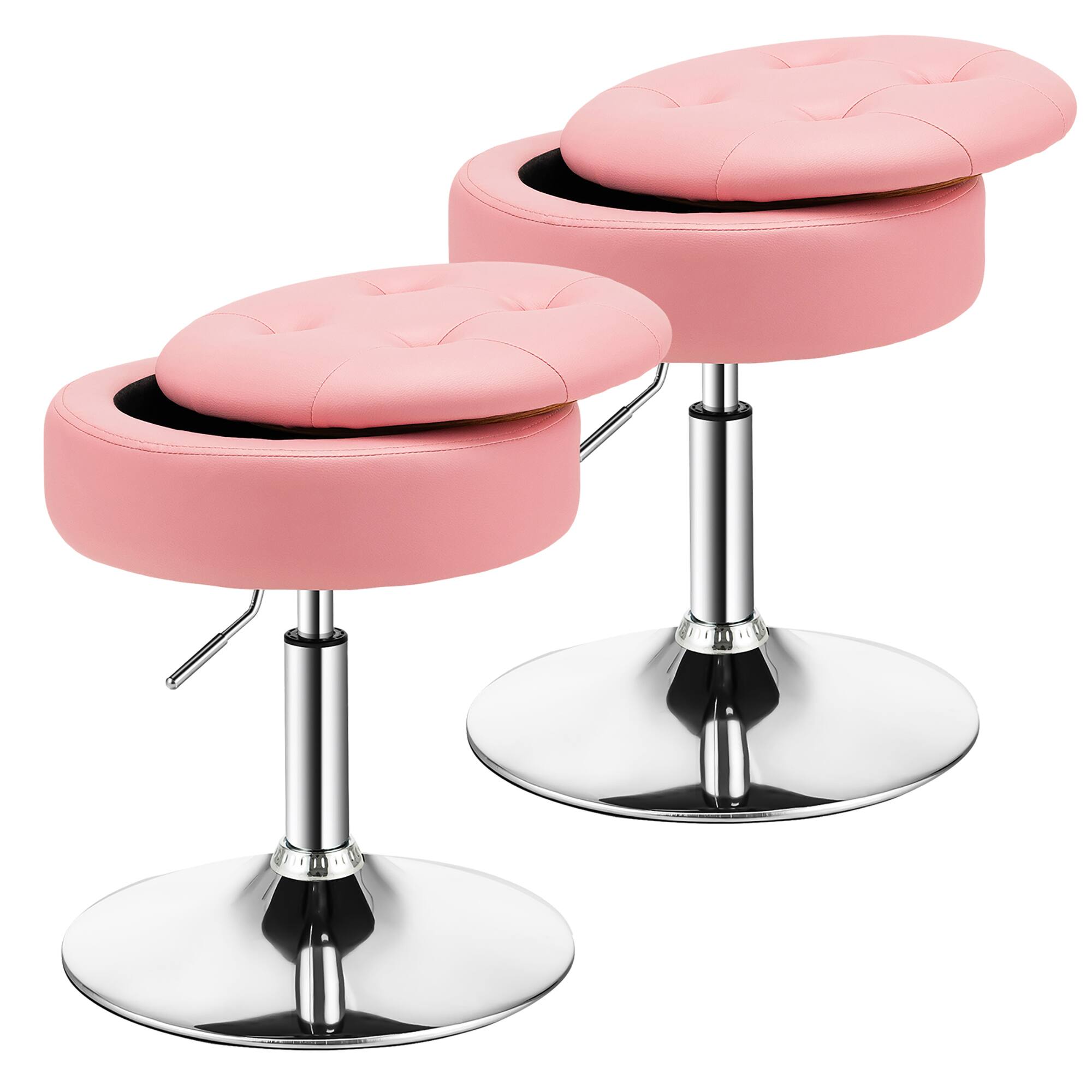 Front. Costway - Set of 2 Adjustable Metal Vanity Stool 360° Swivel Storage Makeup Chair with Tray - Pink.