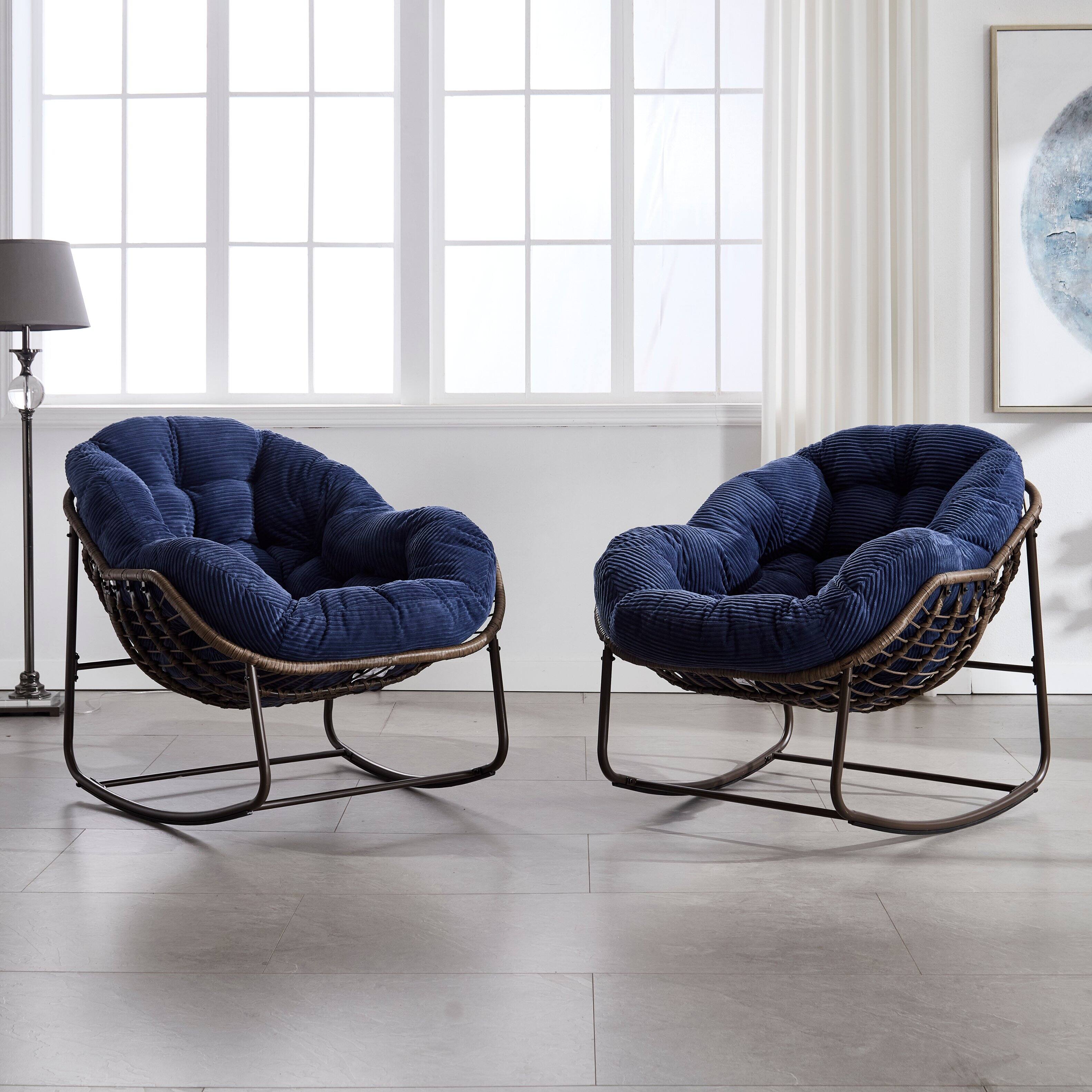 Alt View 5. Tiramisubest - Outdoor Rattan Rocking Chair,Padded Velvet Cushion Rocker Recliner Chair for Porch,Living Room,Patio,Garden,Navy Blue - Navy Blue.