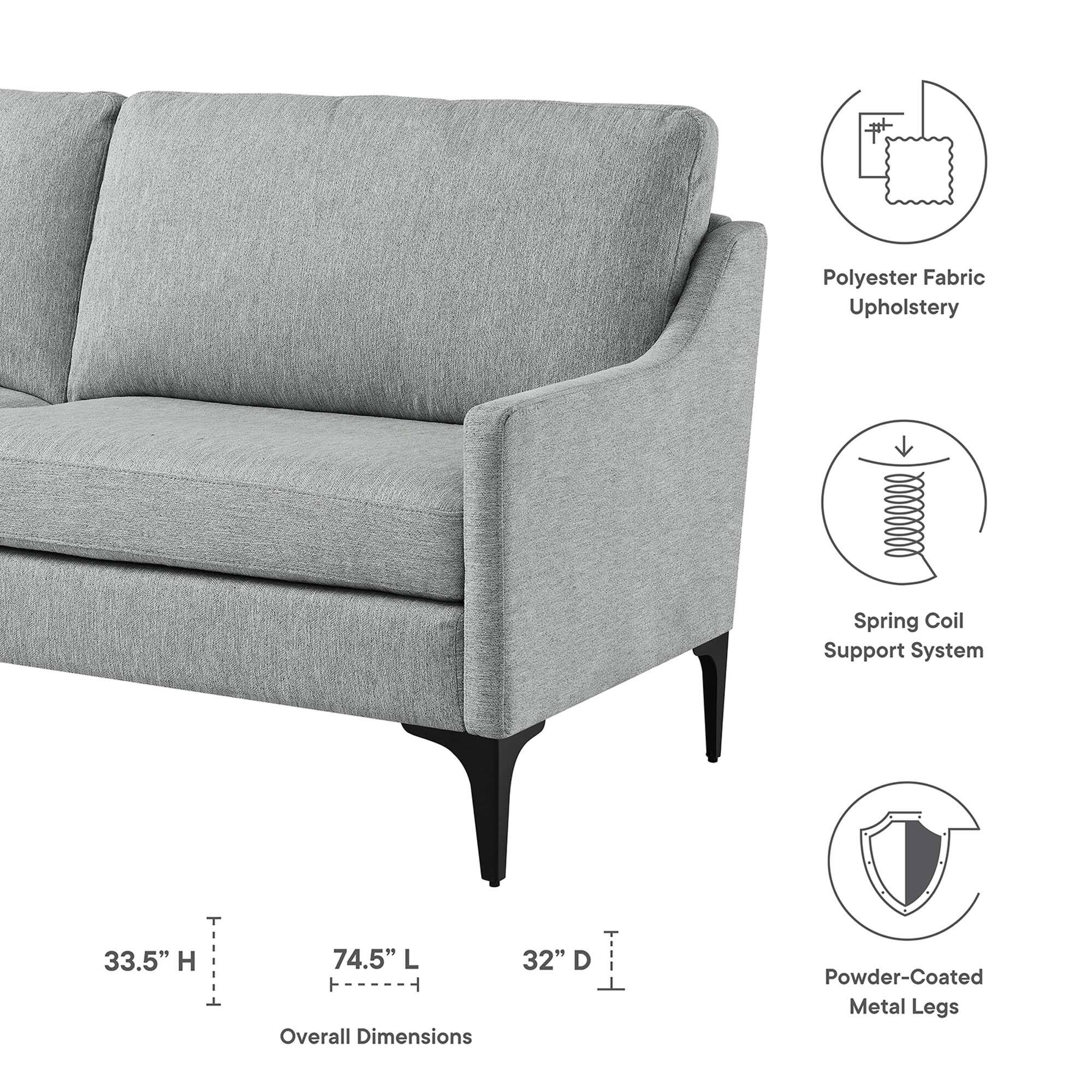 Polyester Fabric Upholstery  
Spring Coil Support System  
33.5" H x 74.5" L x 32" D  
Powder-Coated Metal Legs
