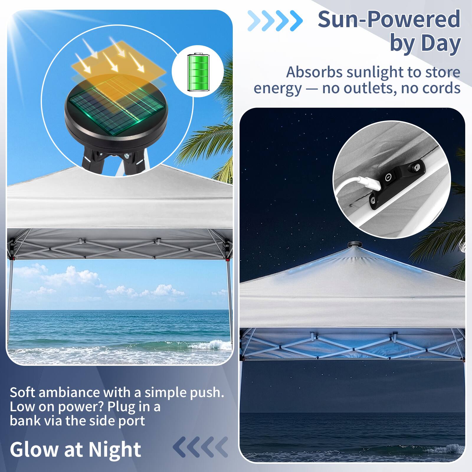 Sun-Powered by Day  
Absorbs sunlight to store energy — no outlets, no cords  

Soft ambiance with a simple push.  
Low on power? Plug in a bank via the side port  

Glow at Night