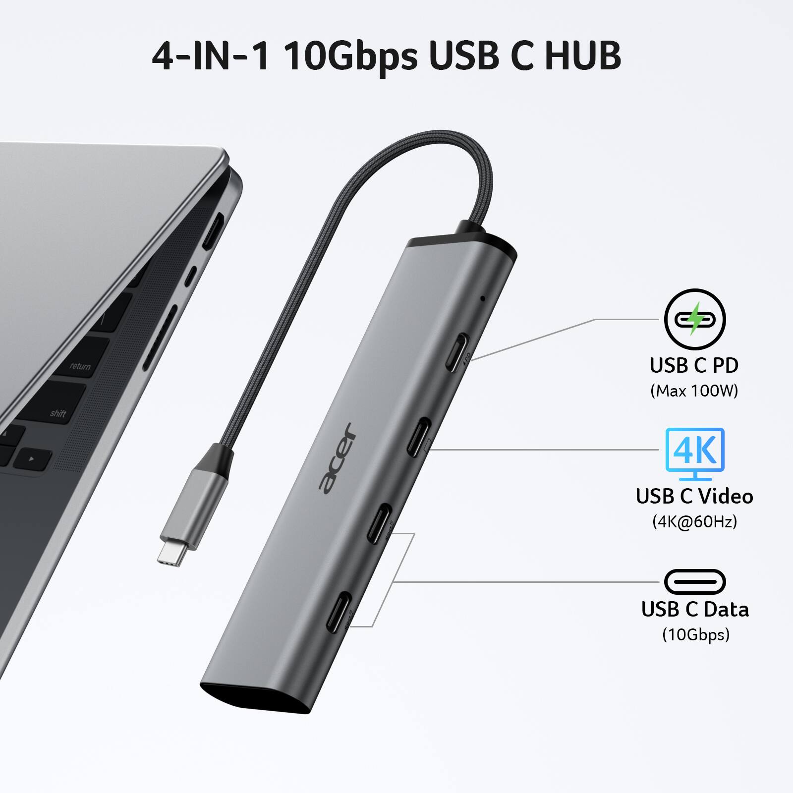 4-IN-1 10Gbps USB C HUB

- USB C PD (Max 100W)
- USB C Video (4K@60Hz)
- USB C Data (10Gbps)