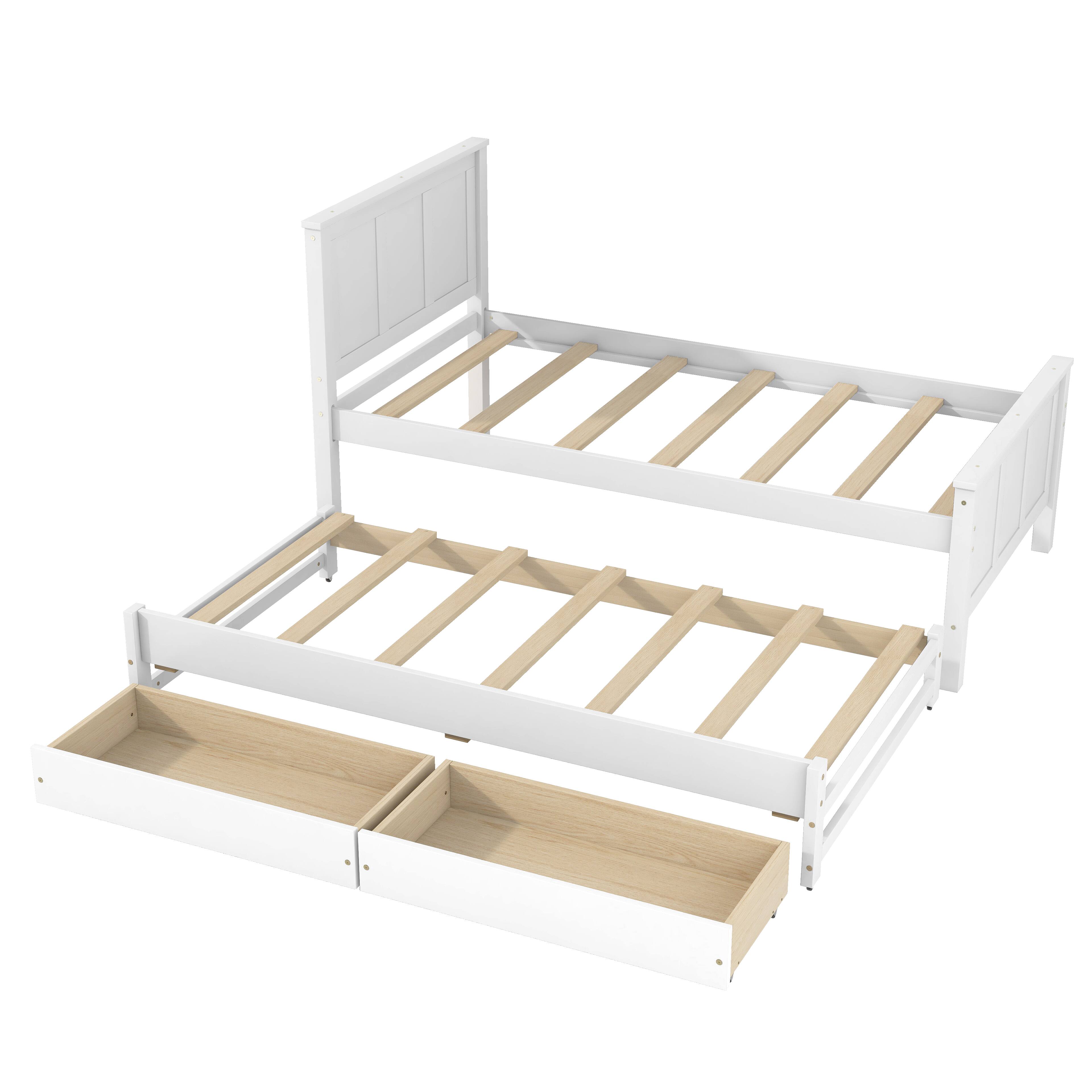 Left. Whisen - Twin Size Platform Bed Frame with Trundle and 2 Storage Drawers, Wood Bedroom Furniture - White.
