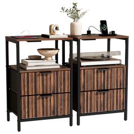 Winado - Set of 2 Fluted Nightstand with Charging Station 2 Fabric Drawers and Shelves USB Type-C AC Outlets Front Bedside Table - Walnut