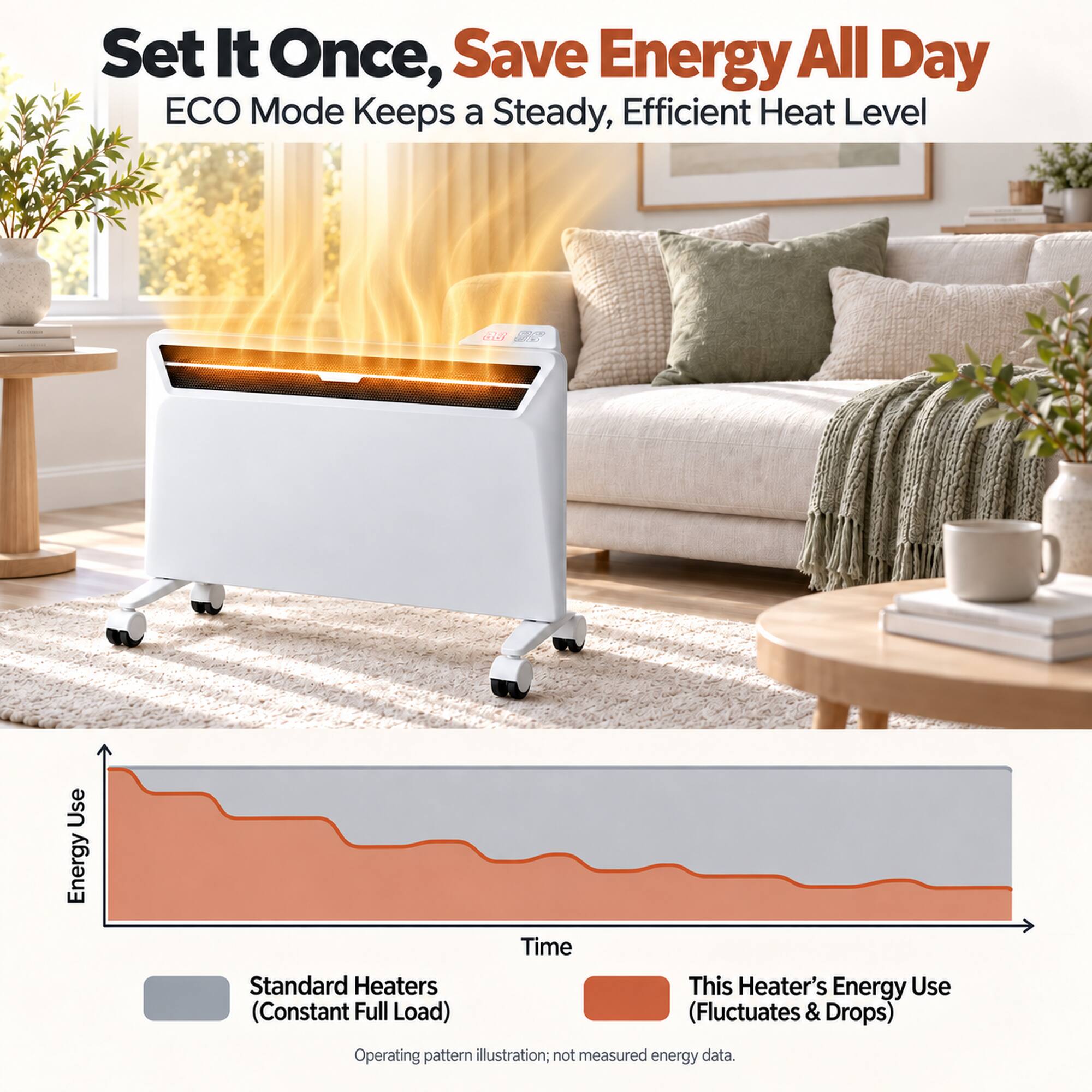 Set It Once, Save Energy All Day  
ECO Mode Keeps a Steady, Efficient Heat Level

28

Use Energy  
Standard Heaters (Constant Full Load)  
Time  
This Heater's Energy Use (Fluctuates & Drops)

Operating pattern illustration; not measured energy data.