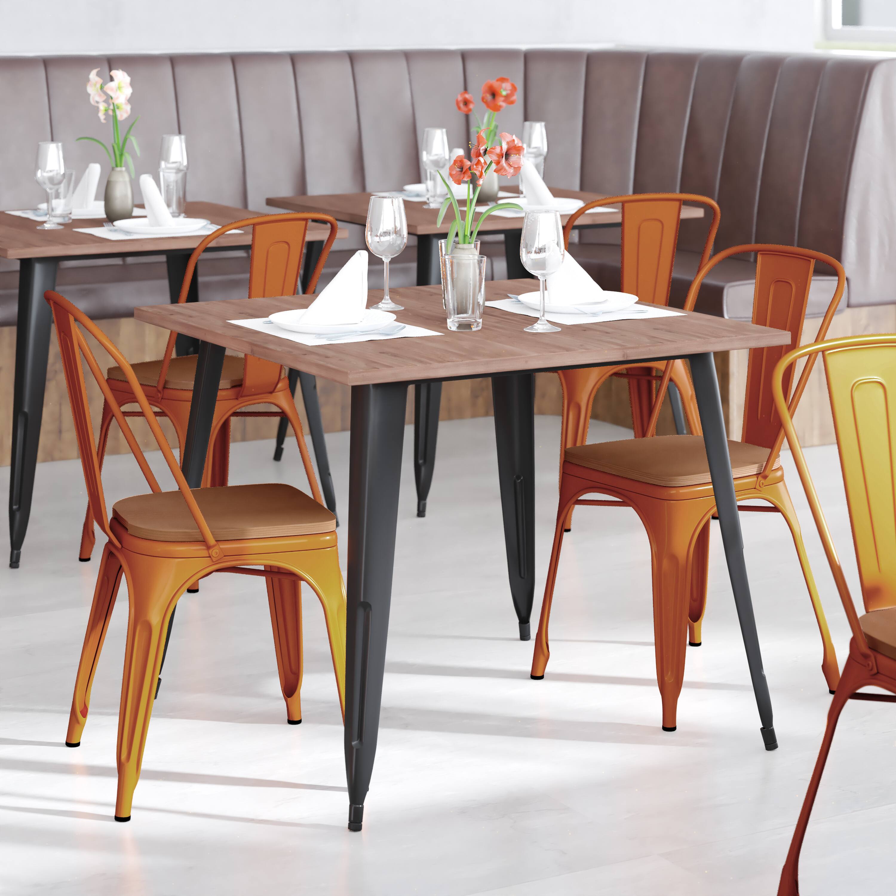 Alt View 1. Emma + Oliver - Perth Metal Stacking Dining Chairs with Poly Resin Seats for Indoor/Outdoor Use - Teak Seat/Orange Frame.