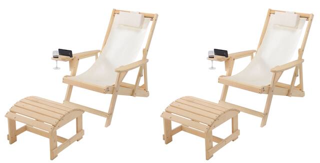 Front. Jiallo - Romantic Collection Canvas Sling Chair with Cup and Wine Holder and Ottoman (Set of 4) - Natural color with beige fabric.