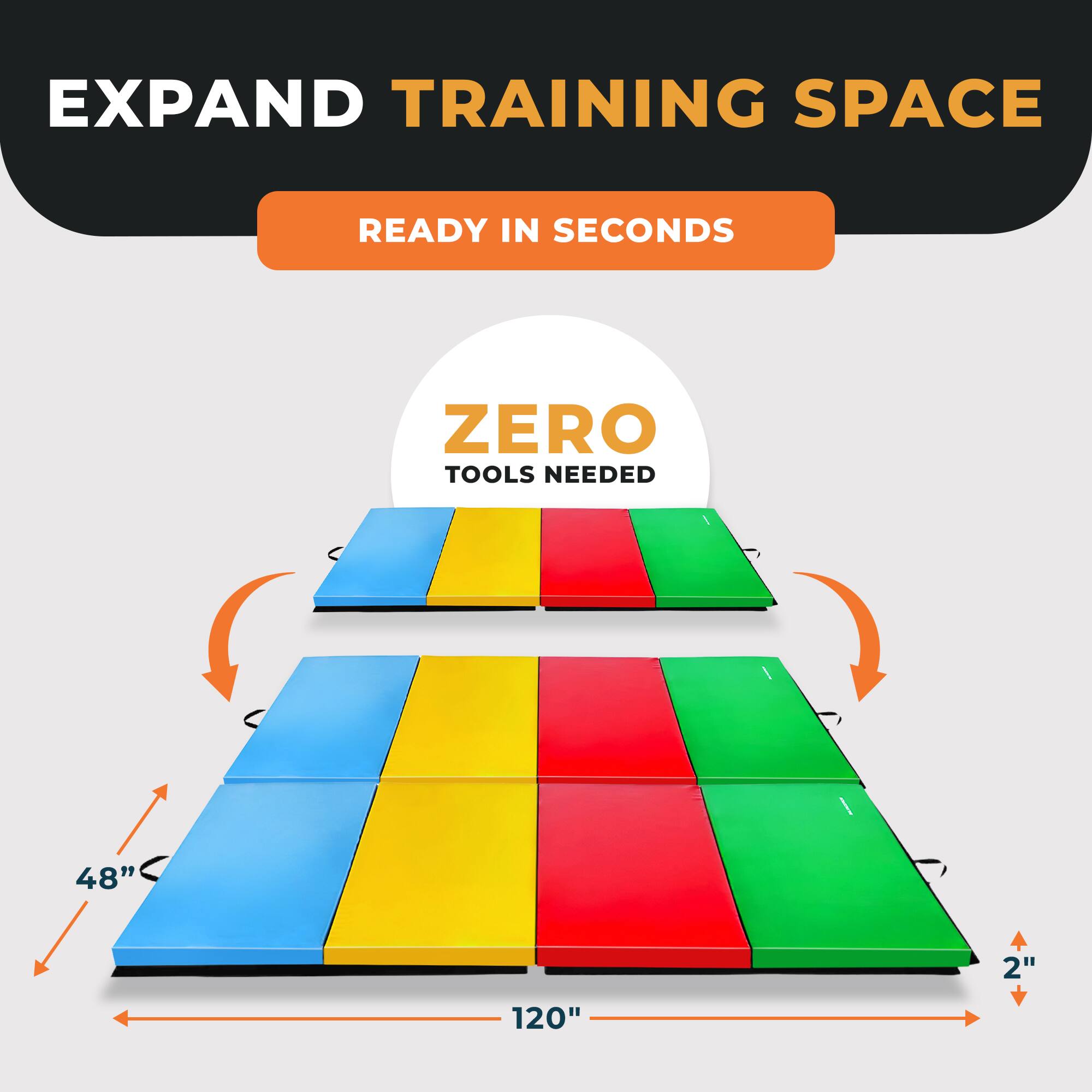 EXPAND TRAINING SPACE  
READY IN SECONDS  
ZERO TOOLS NEEDED  
48" x 2" x 120"