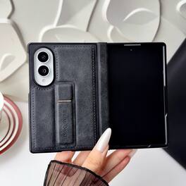 Dteck - Shockproof Phone Case for Samsung Galaxy Z Fold8 with Kickstand, Slim Rigid Plastic Faux Leather Hinge Protection Cover - Black