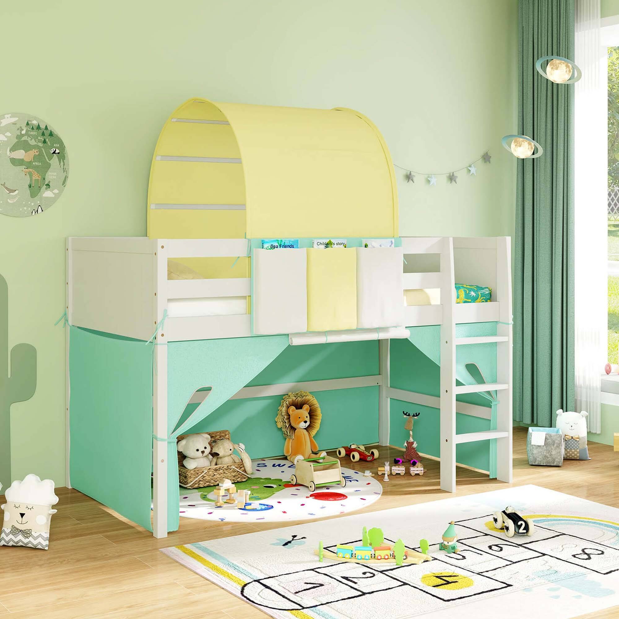 Alt View 7. Costway - Costway Twin Loft Bed with Tower & Tent 3 Storage Pockets Safety Guardrail and Ladder - Turquoise,White.