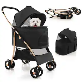 Costway - 3-In-1 Pet Stroller with Removable Car Seat Carrier 4-Level Adjustable Canopy
