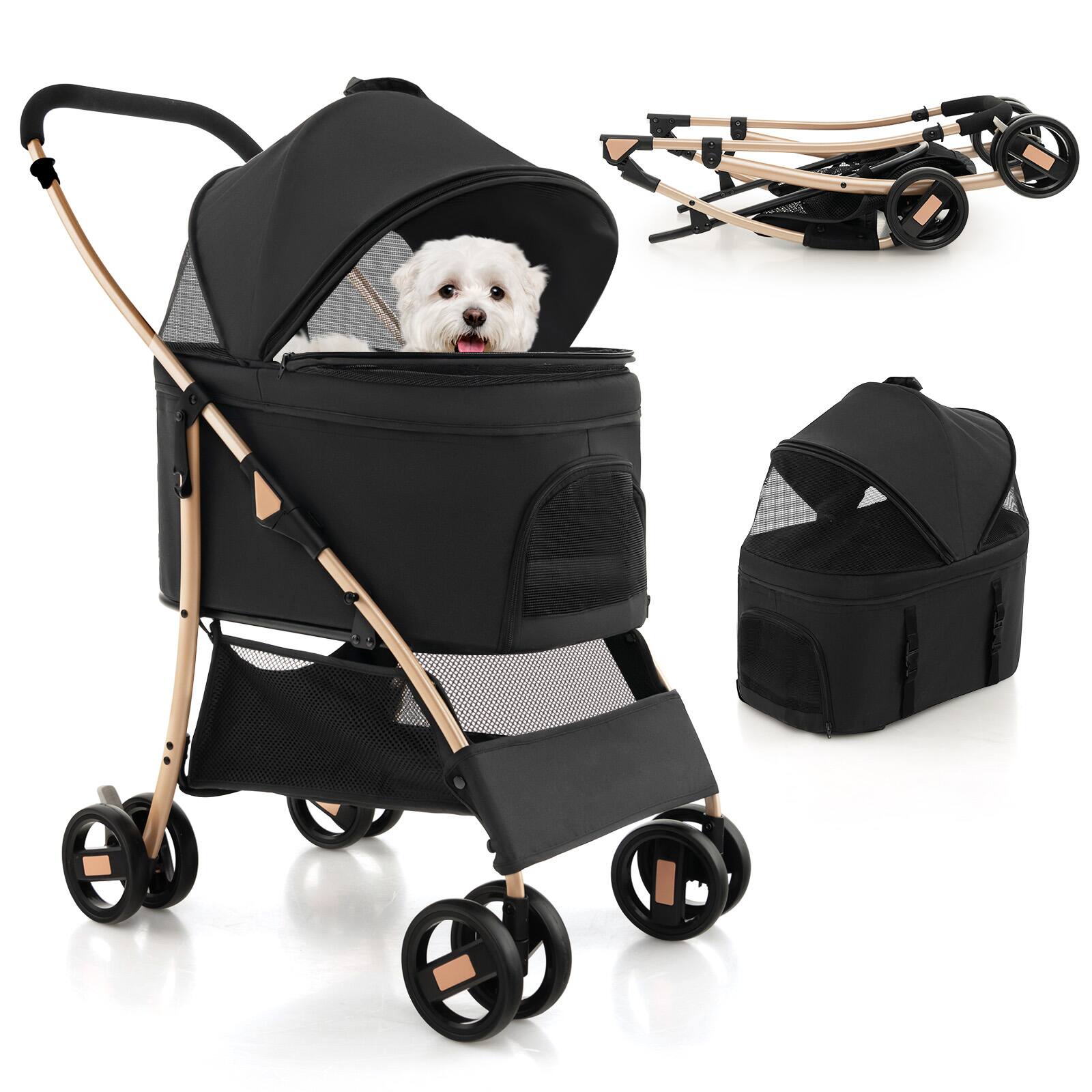 Front. Costway - Costway 3-In-1 Pet Stroller with Removable Car Seat Carrier 4-Level Adjustable Canopy.