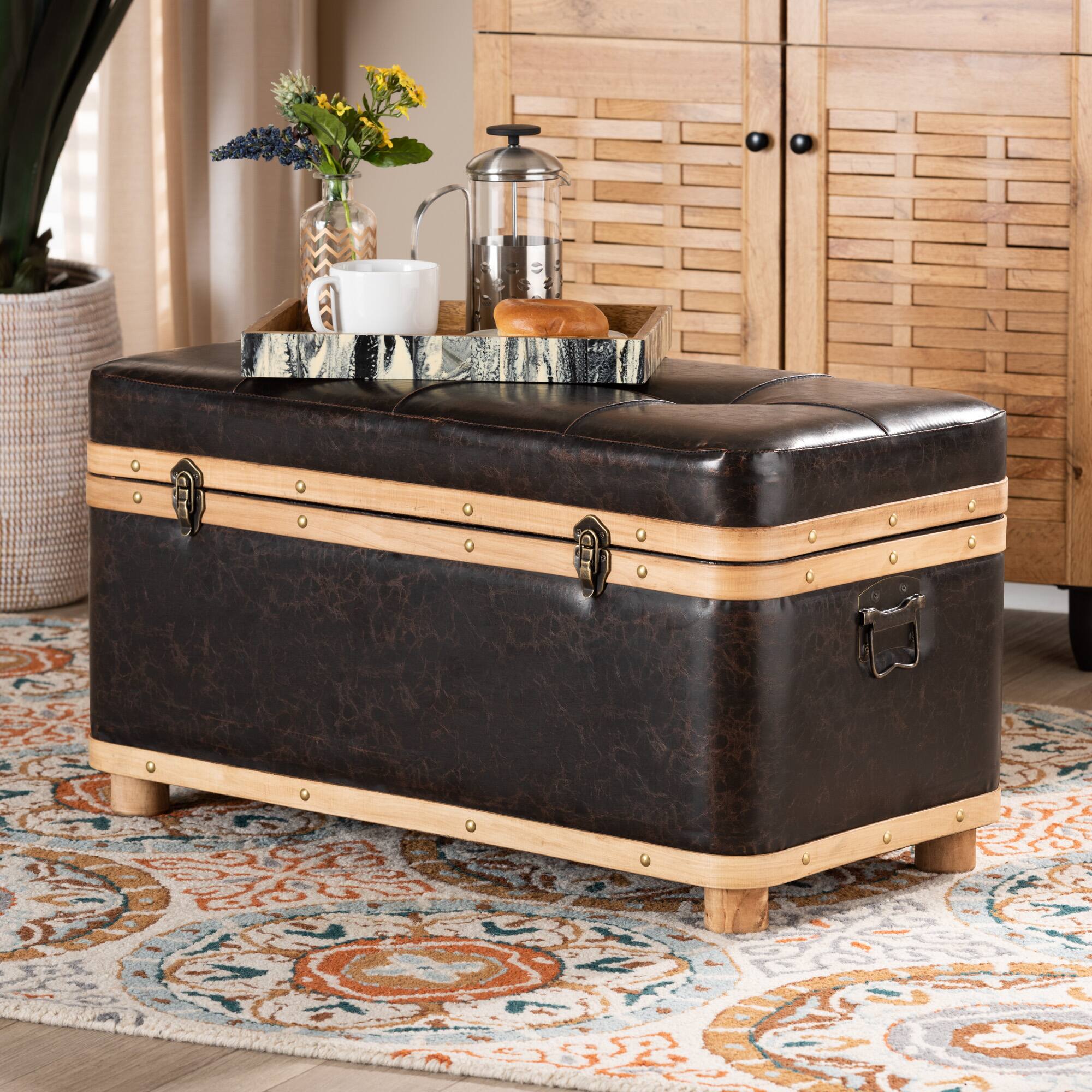 Alt View 6. Baxton Studio - Gendry Modern Rustic Transitional Faux Leather Upholstered and Oak Brown Finished Wood Large Storage Ottoman - Dark Brown/Oak Brown.