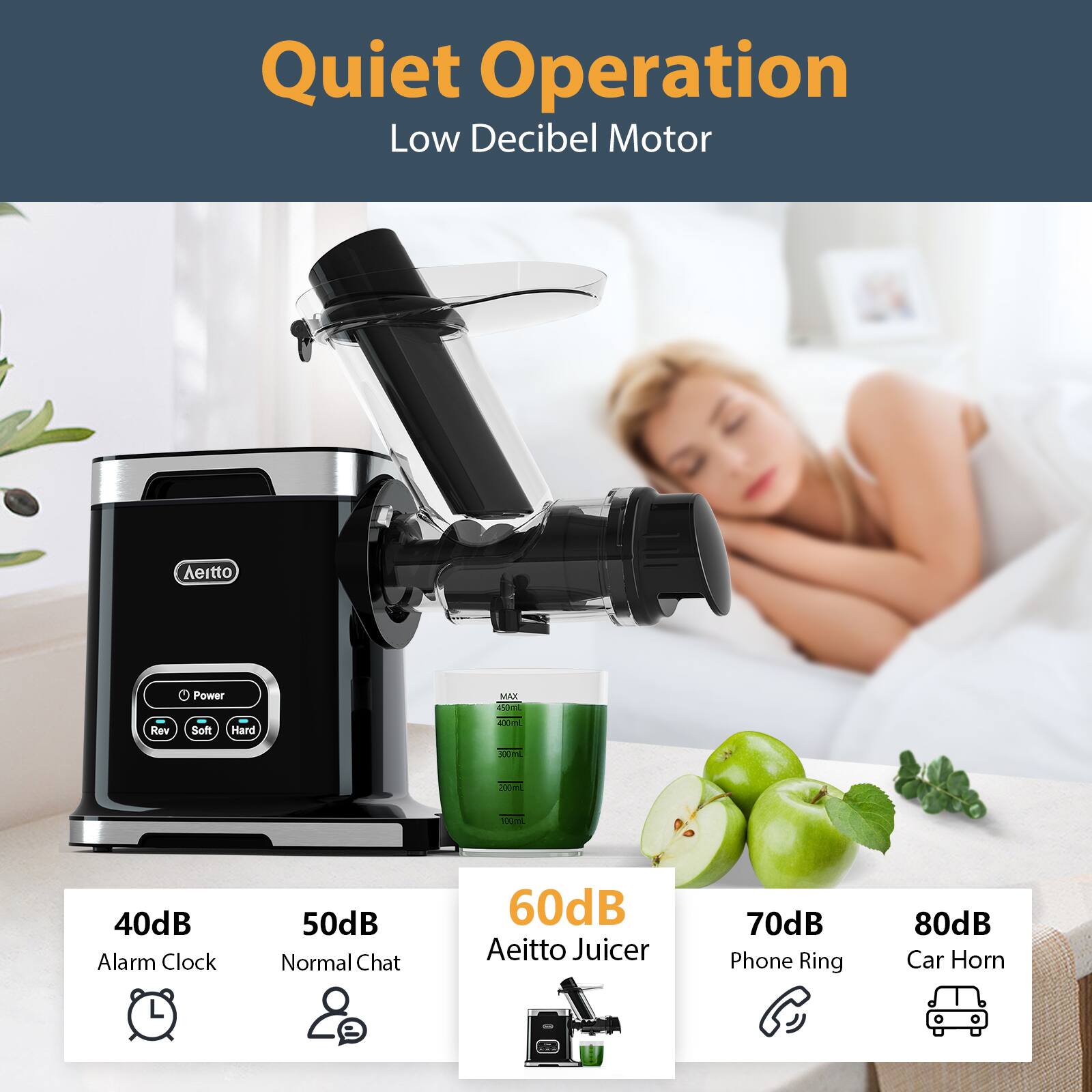 Quiet Operation Low Decibel Motor Aeitto Power MIAR IoL Rev Soft Hard COm K - - 40dB Alarm Clock 50dB Normal Chat 60dB Aeitto Juicer 70dB Phone Ring 80dB Car Horn