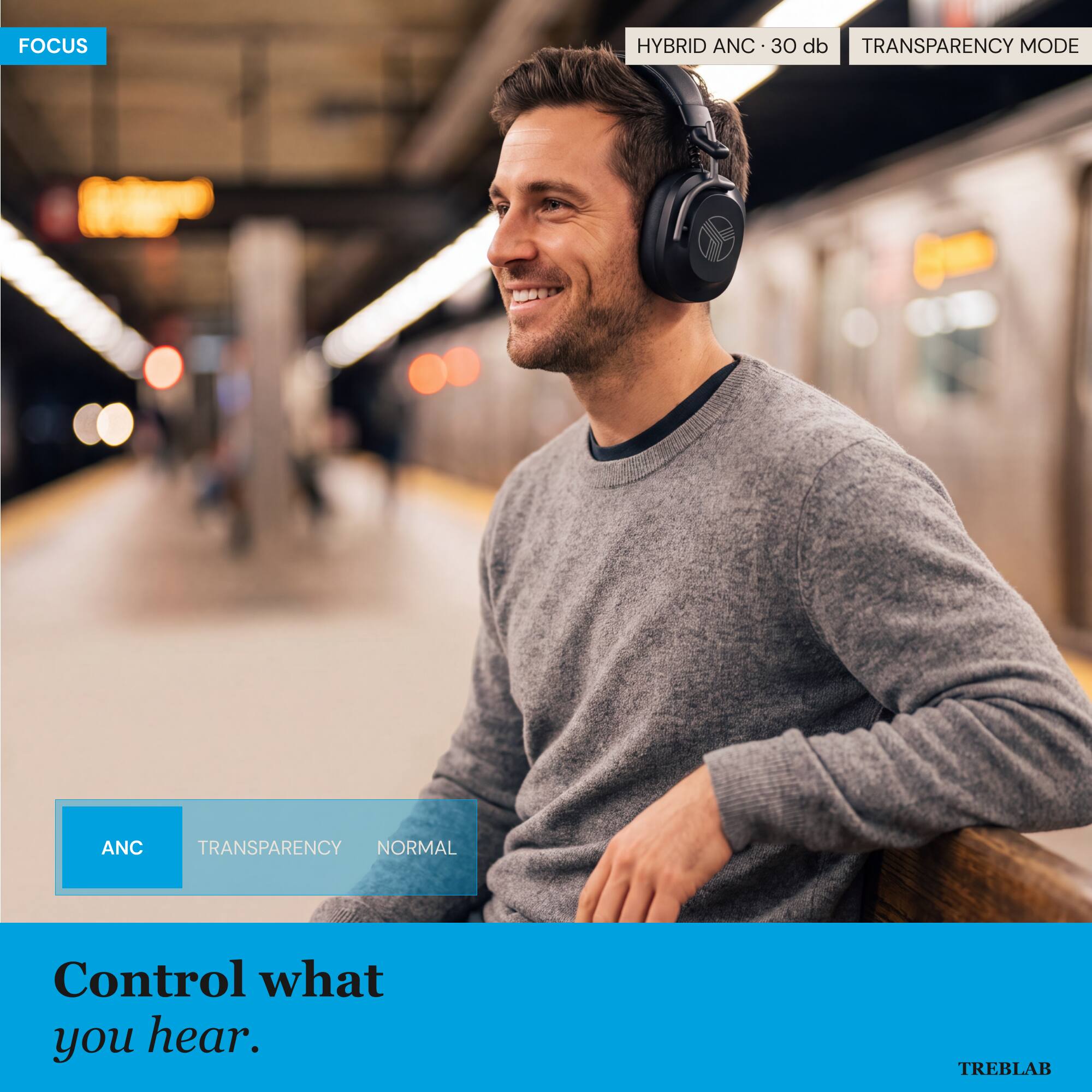 FOCUS

HYBRID ANC • 30 db
TRANSPARENCY MODE

ANC
TRANSPARENCY
NORMAL

Control what you hear.

TREBLAB