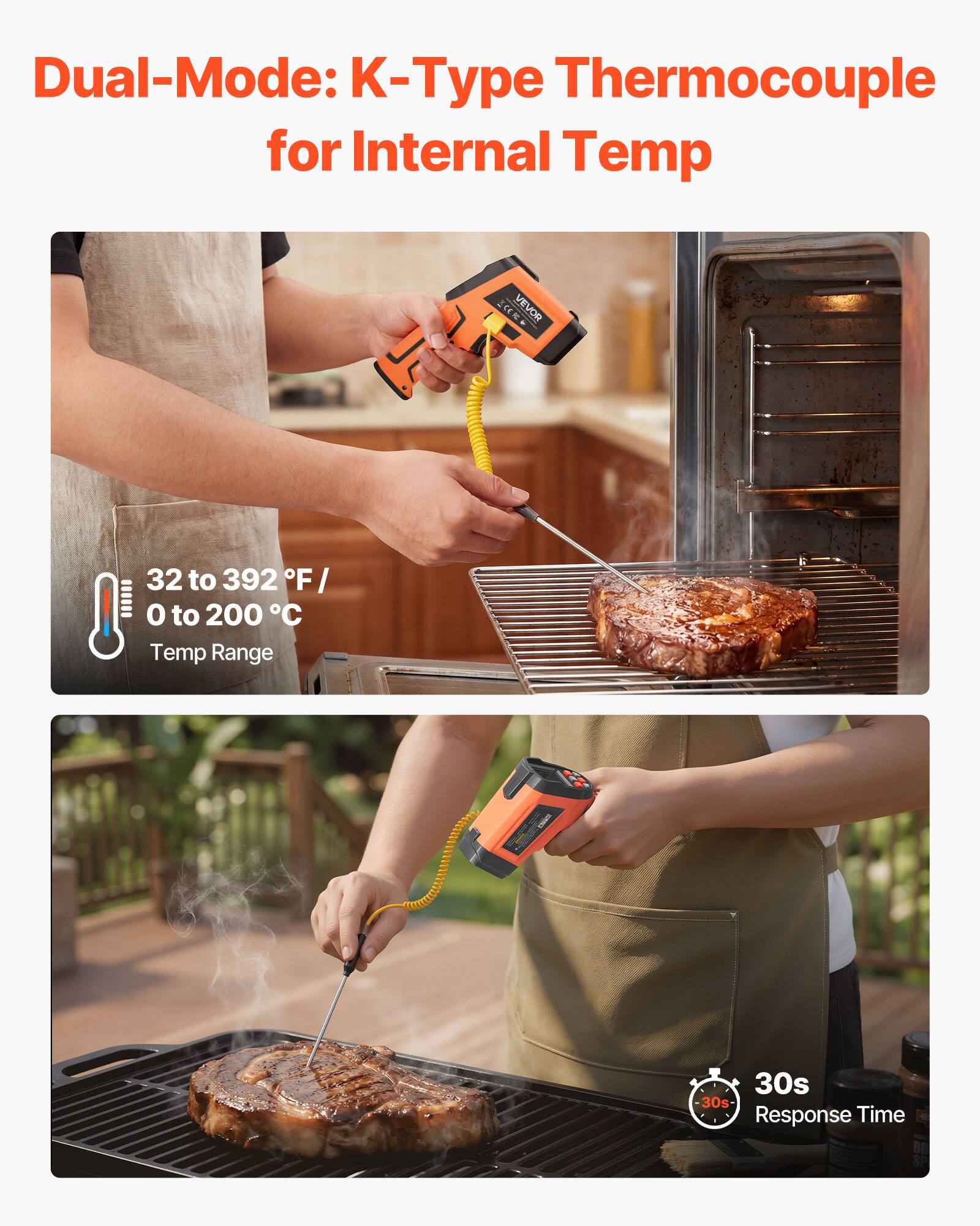 Dual-Mode: K-Type Thermocouple for Internal Temp

32 to 392°F / 0 to 200°C Temp Range

30s Response Time