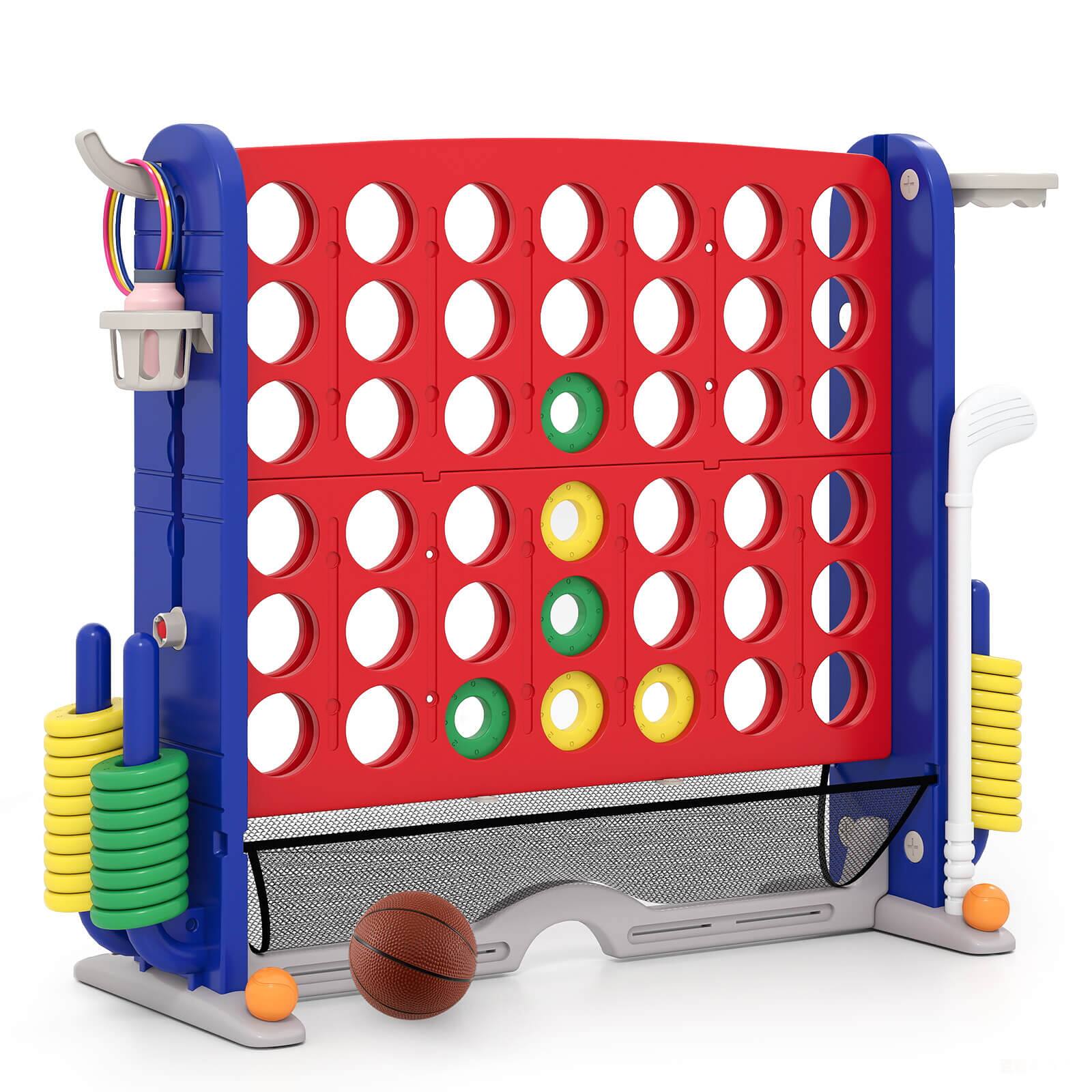 Costway - Giant 4-in-a-Row Game Set with Ring-toss, Basketball Hoop, Golf Club & Cup Holders - Red,Navy