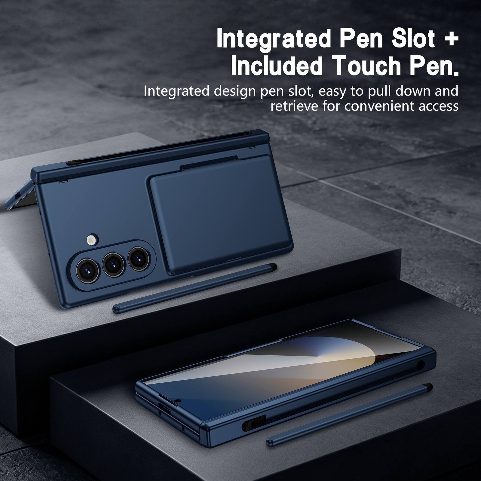 Integrated Pen Slot + Included Touch Pen.  
Integrated design pen slot, easy to pull down and retrieve for convenient access