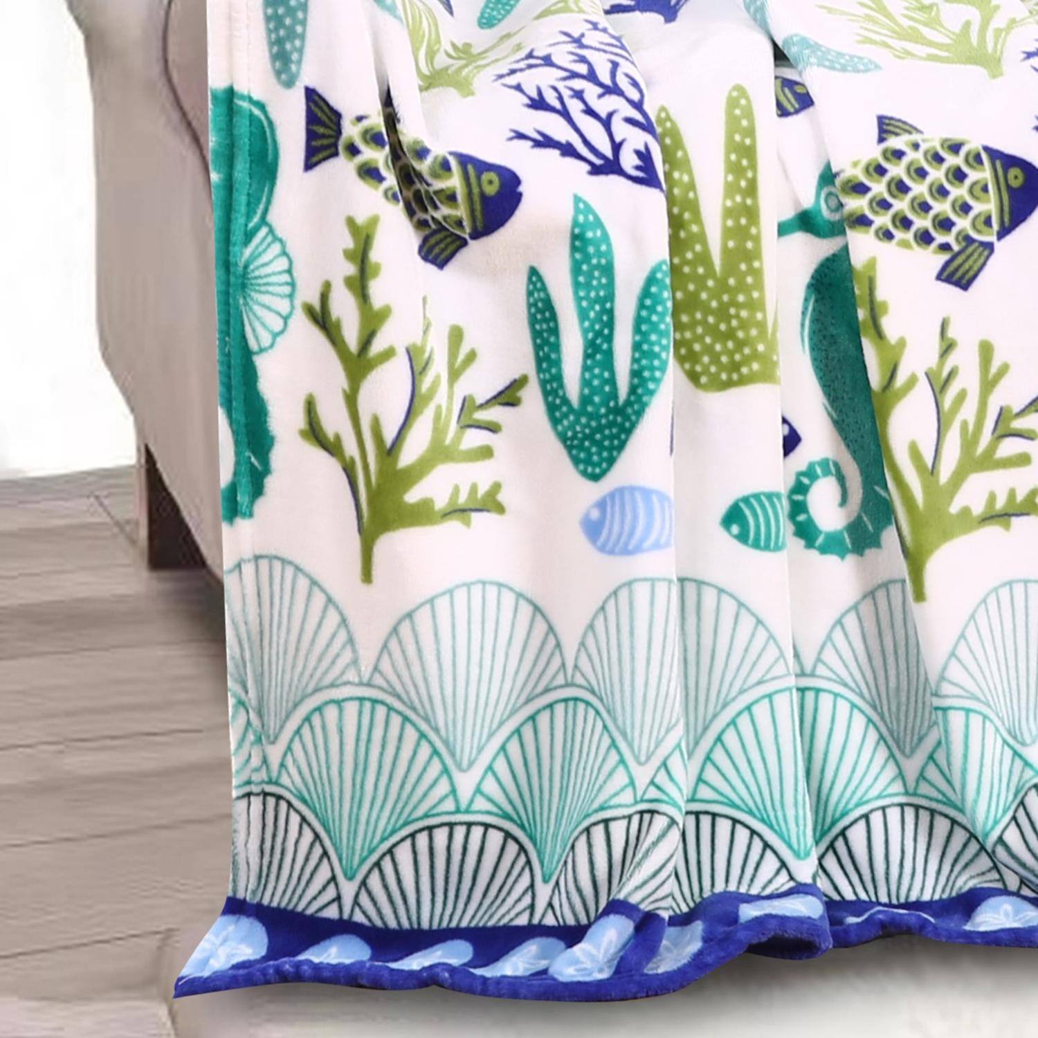 Alt View 2. Noble House - Plazatex Nautical Ocean Coral Plush All Season Decorative Throw Blanket 50" x 60" White & Blue - White & Blues.