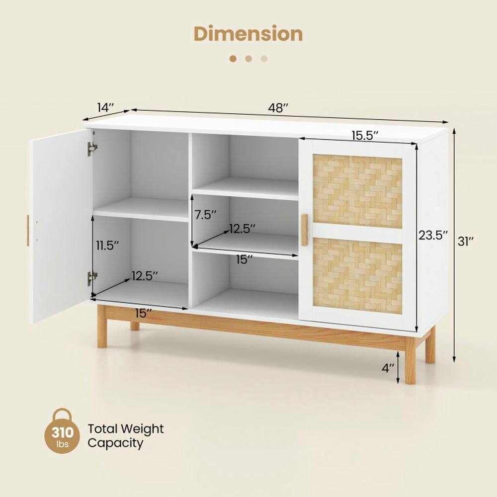 Dimension:  
- 48" (width)  
- 31" (height)  
- 15.5" (depth)  
- 14" (top shelf width)  
- 11.5" (left shelf width)  
- 12.5" (left shelf depth)  
- 7.5" (left shelf height)  
- 12.5" (right shelf width)  
- 15" (right shelf depth)  
- 23.5" (right shelf height)  
- 4" (base height)  

Total Weight Capacity: 310 lbs