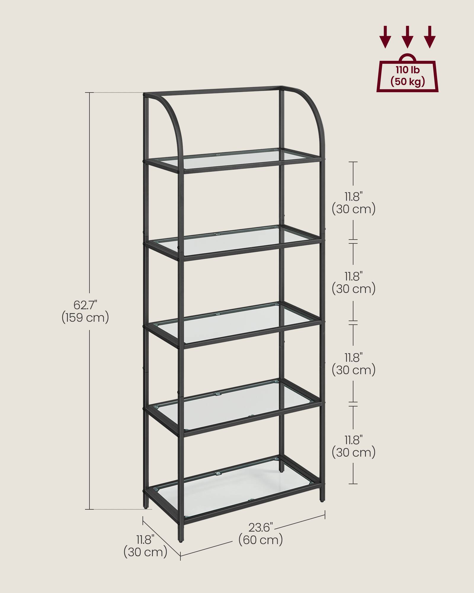 110 lb (50 kg)  
11.8" (30 cm)  
62.7" (159 cm)  
11.8" (30 cm)  
11.8" (30 cm)  
11.8" (30 cm)  
11.8" (30 cm)  
23.6" (60 cm)