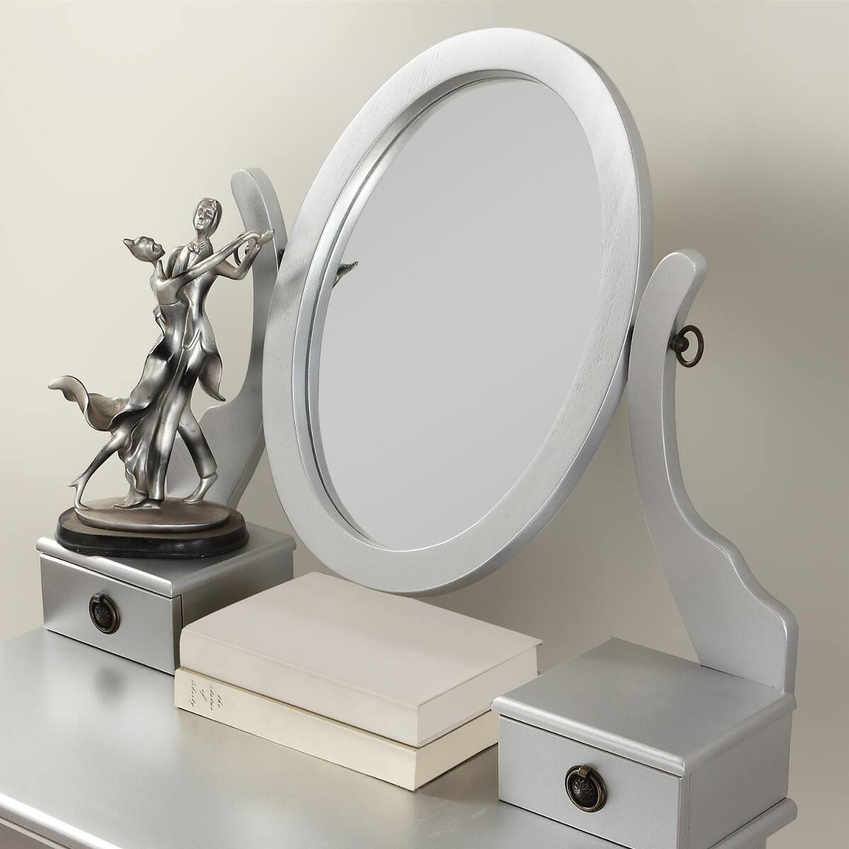 Alt View 1. Loheer - Loheer Silver Makeup Vanity Table and Stool Set with Adjustable Oval Mirror - Silver.