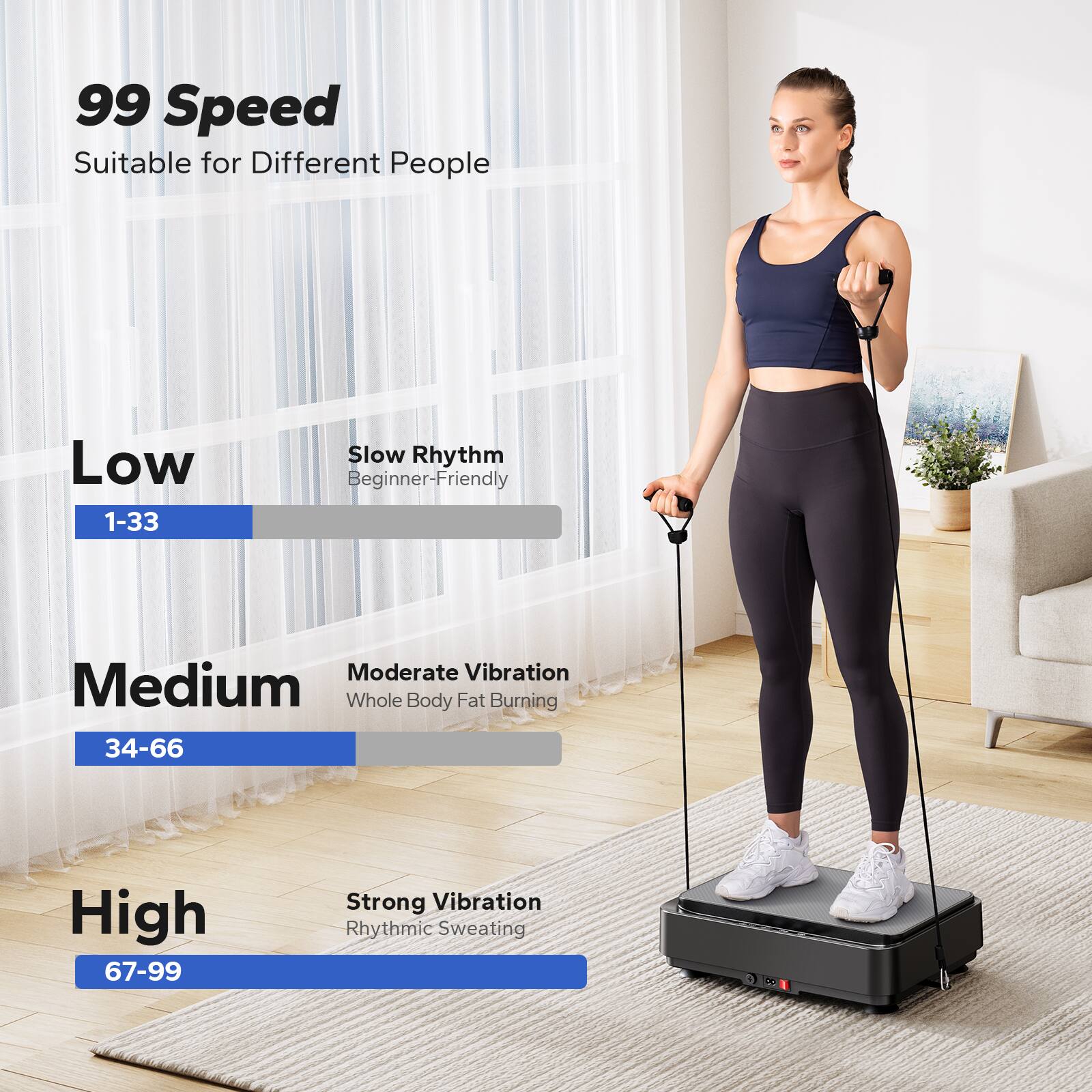 99 Speed  
Suitable for Different People  

Low  
1-33  
Slow Rhythm  
Beginner-Friendly  

Medium  
34-66  
Moderate Vibration  
Whole Body Fat Burning  

High  
67-99  
Strong Vibration  
Rhythmic Sweating