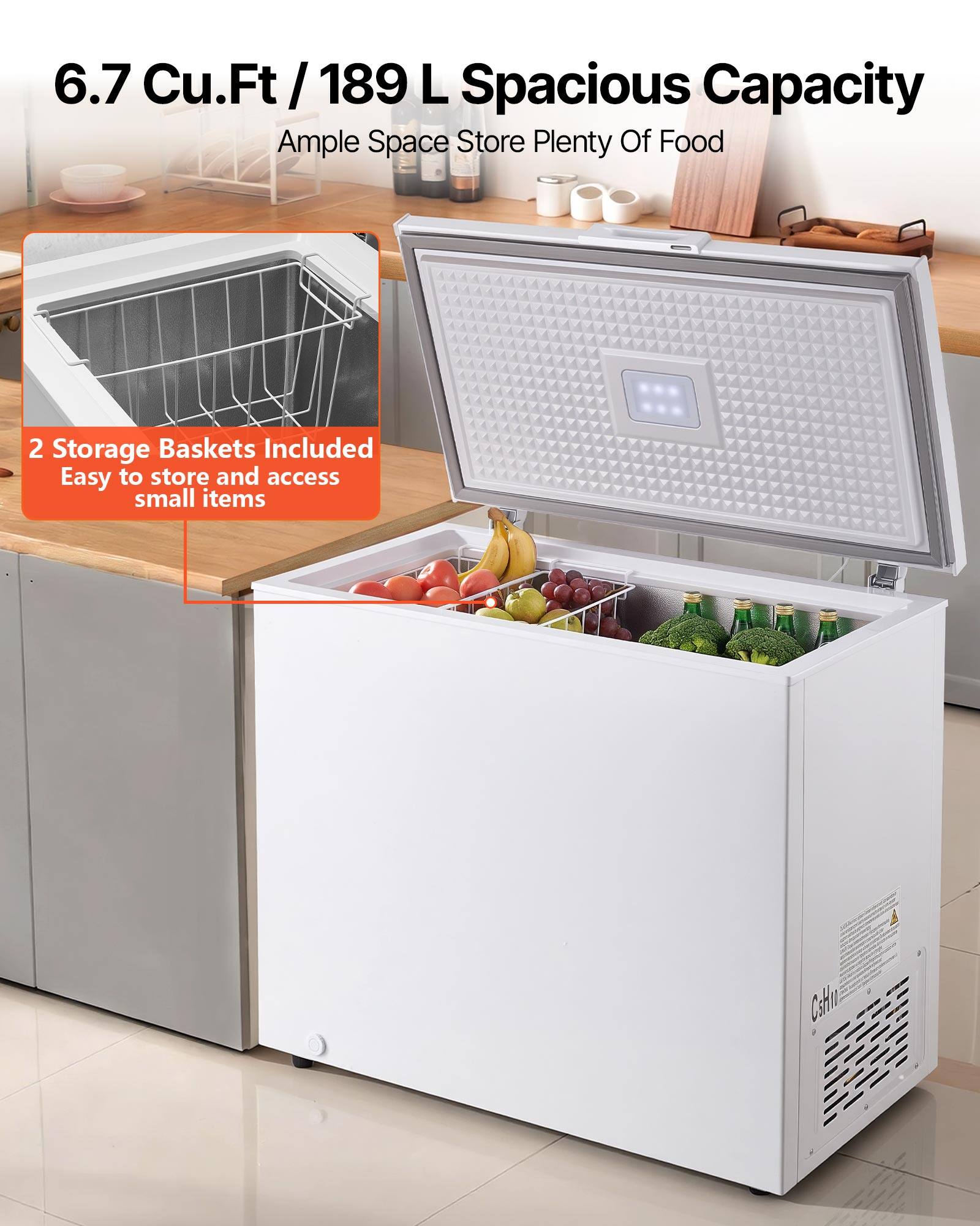 6.7 Cu.Ft / 189 L Spacious Capacity  
Ample Space Store Plenty Of Food  
2 Storage Baskets Included  
Easy to store and access small items